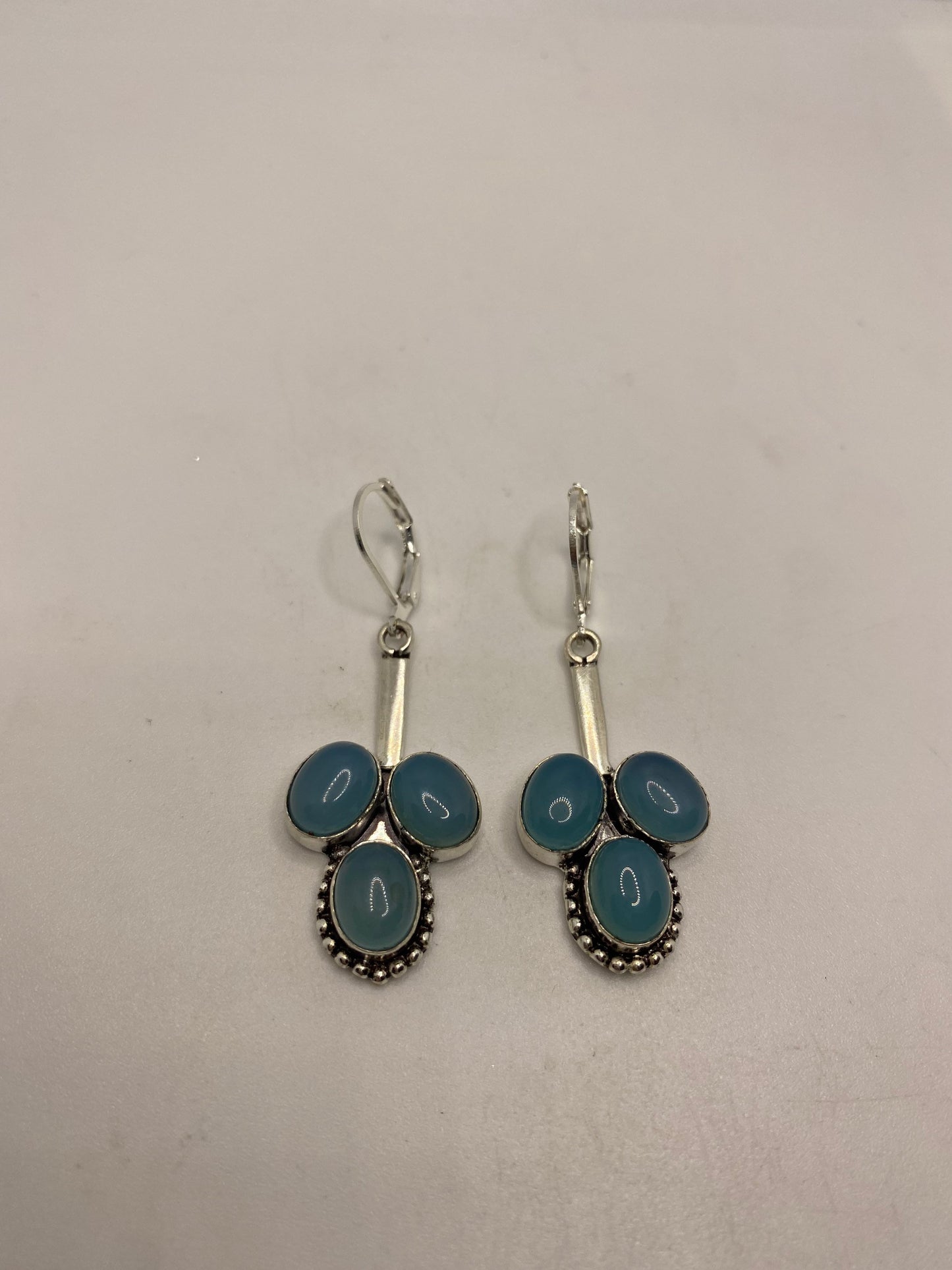 Vintage Blue Chalcedony Earrings Sterling Silver Lever Back Chandelier