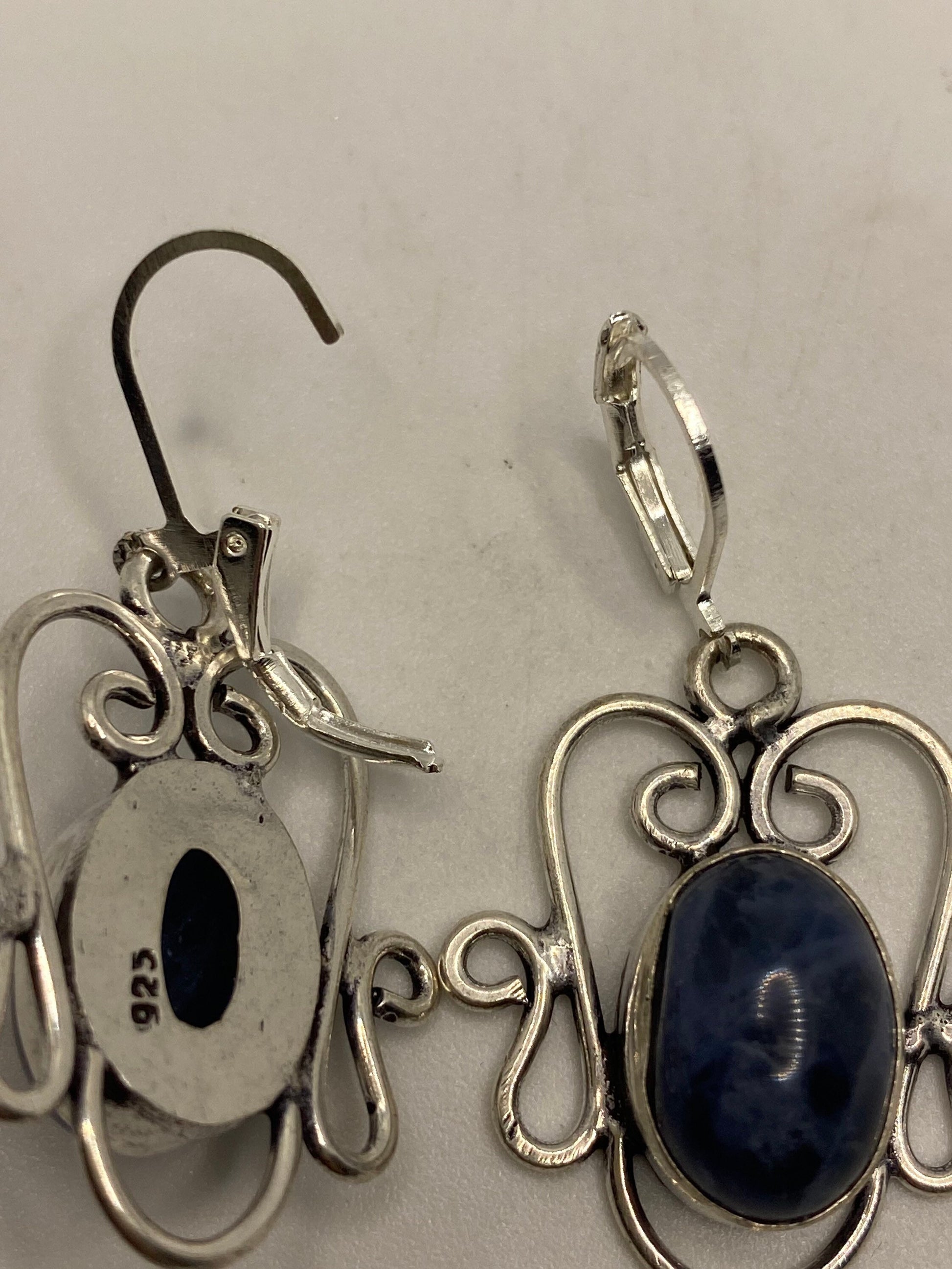 Vintage Blue Lapis Lazuli Earrings Silver Dangle