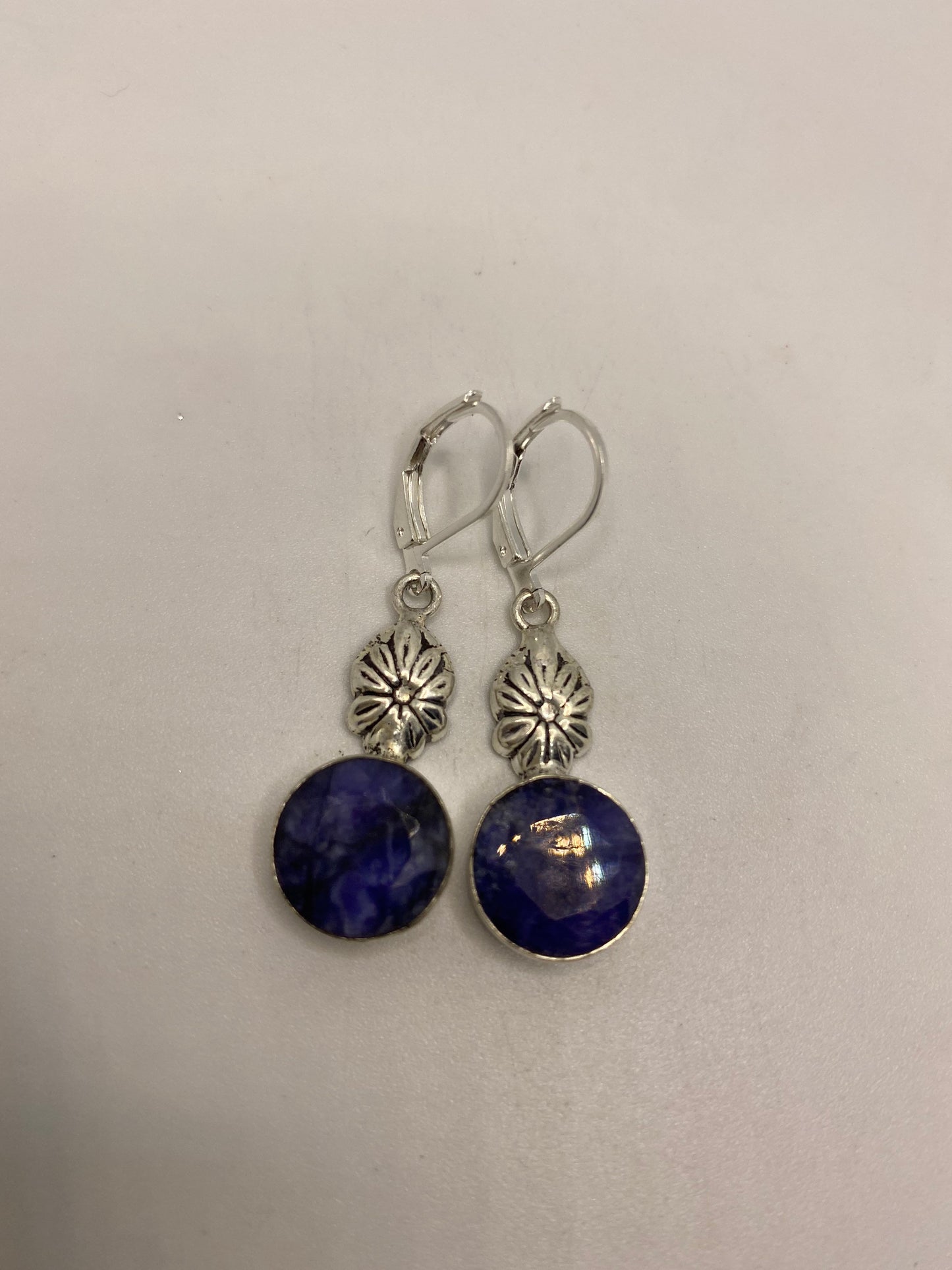 Vintage Blue Raw Sapphire Earrings Silver Lever Back Dangle