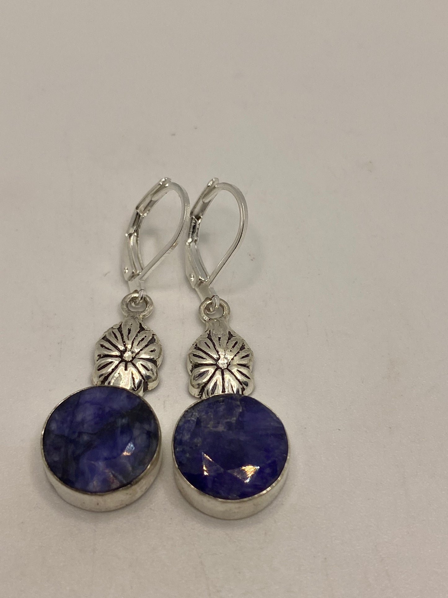 Vintage Blue Raw Sapphire Earrings Silver Lever Back Dangle