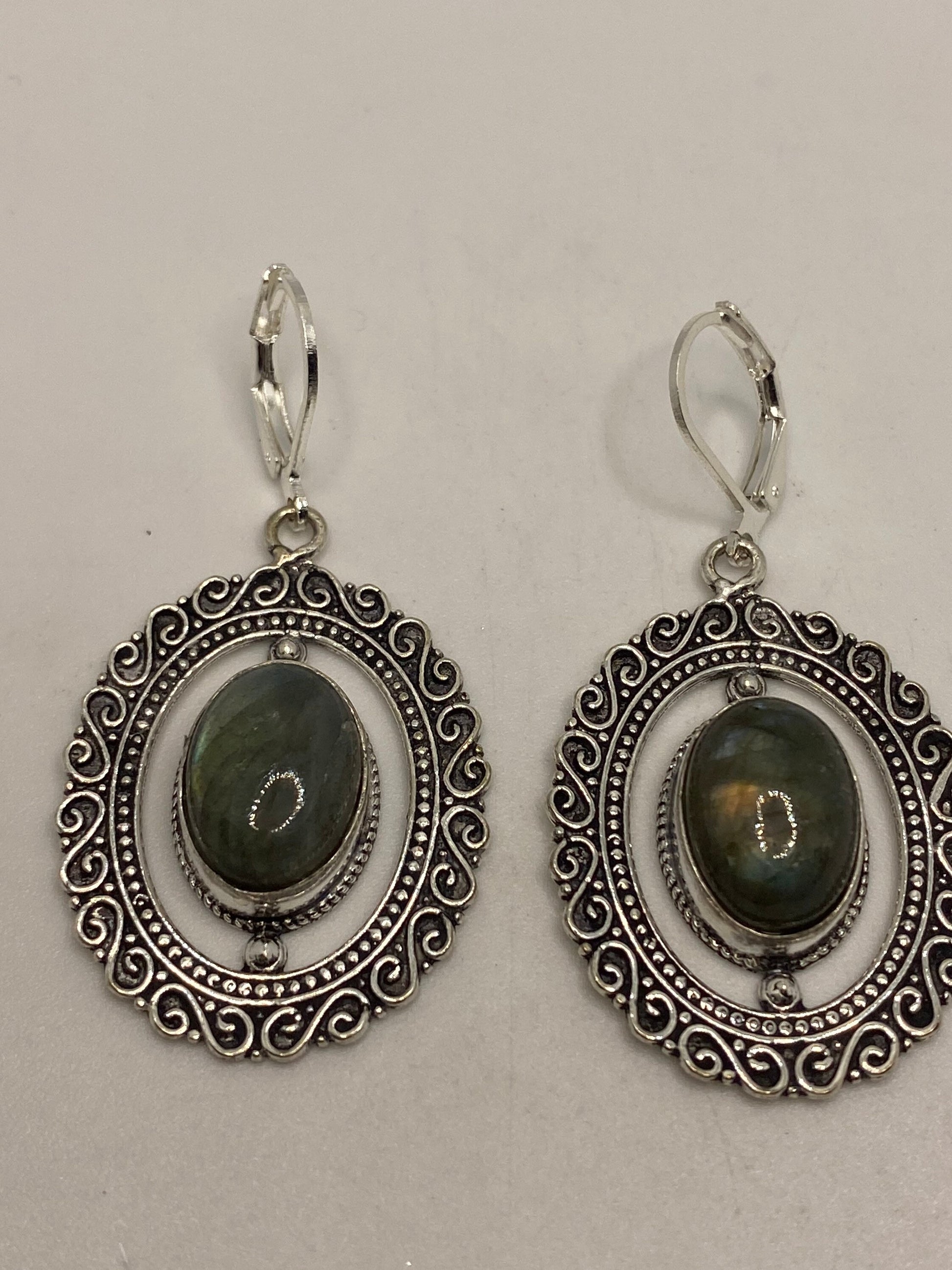 Antique Vintage Green Labradorite Silver Dangle Earrings