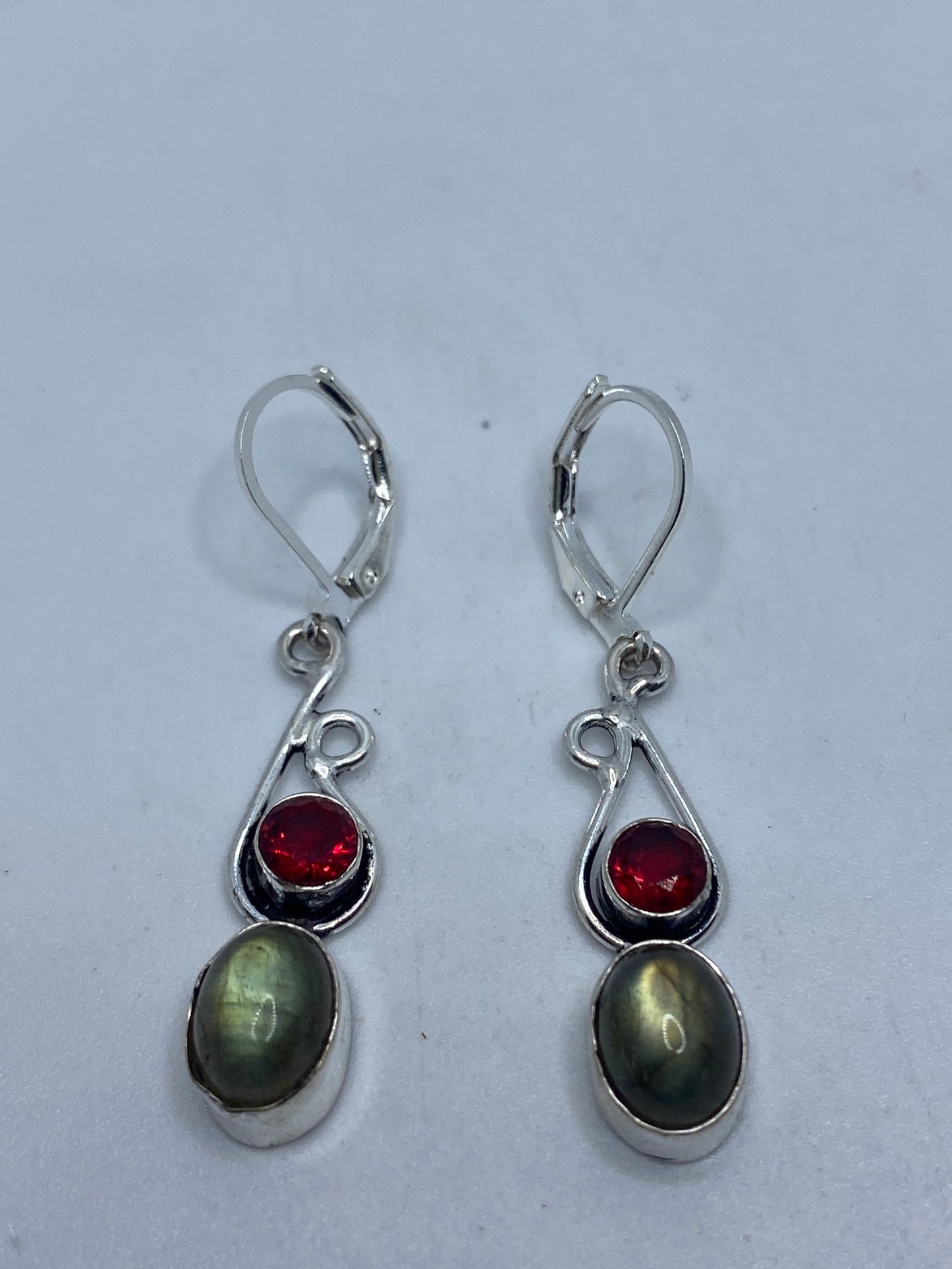 Antique Vintage Green Labradorite Silver Dangle Earrings