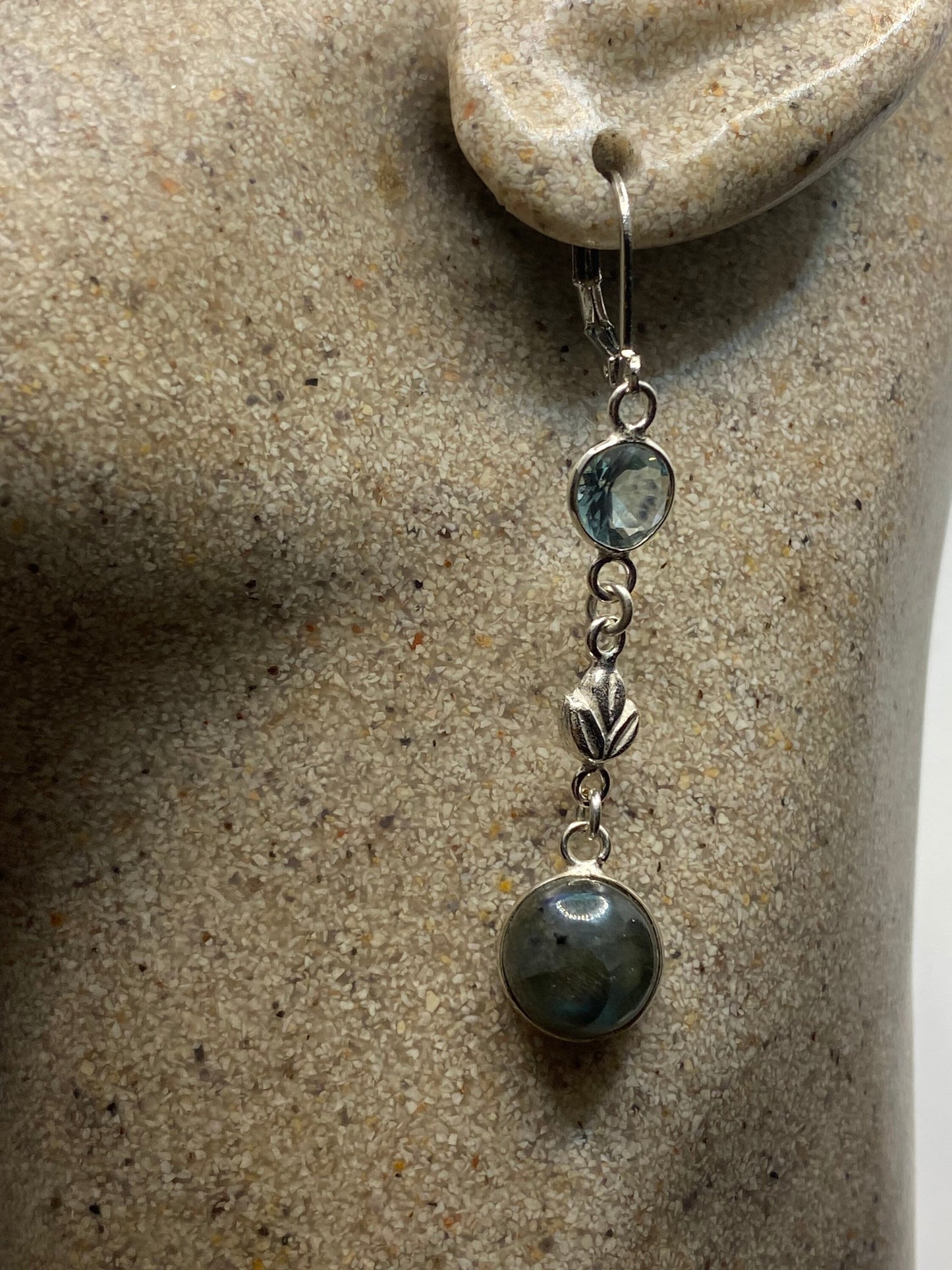 Antique Vintage Blue Labradorite Blue Topaz Silver Dangle Lever Back Earrings