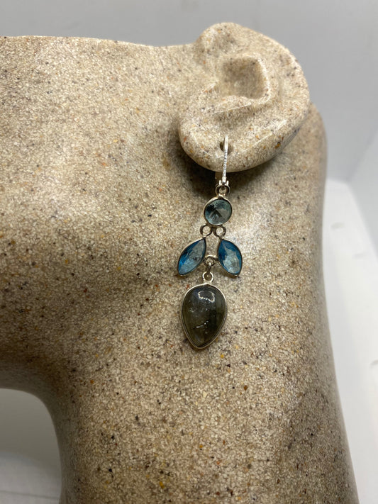 Antique Vintage Blue Labradorite Blue Topaz Silver Dangle Lever Back Earrings