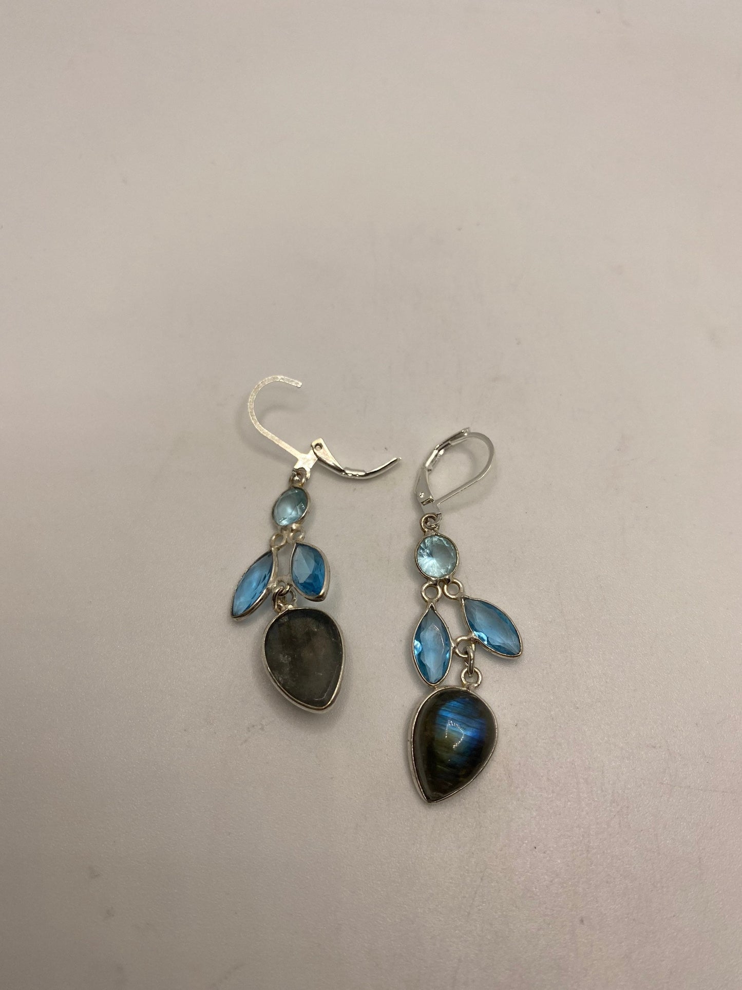 Antique Vintage Blue Labradorite Blue Topaz Silver Dangle Lever Back Earrings