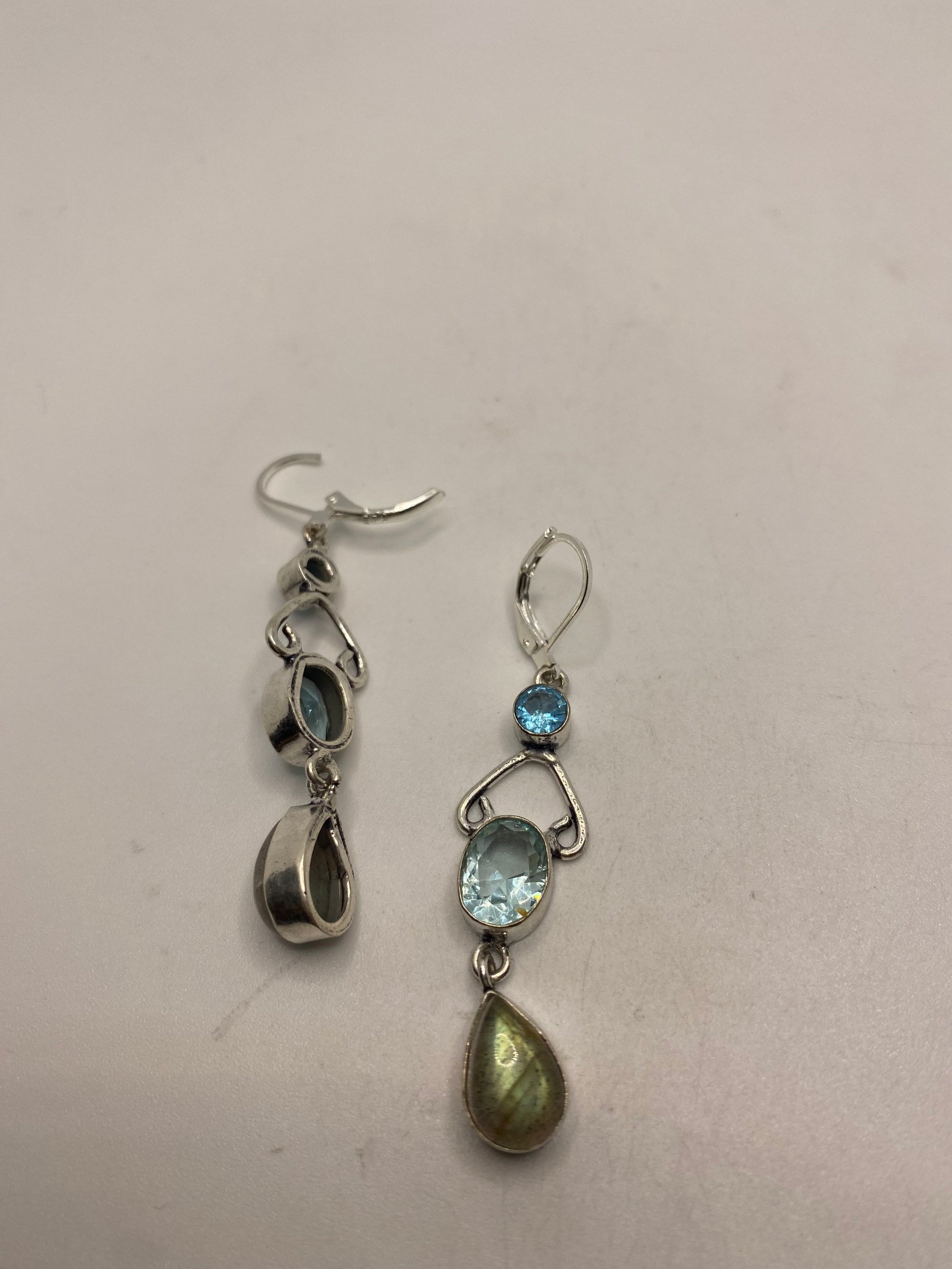 Antique Vintage Blue Labradorite Blue Topaz Silver Dangle Lever Back Earrings