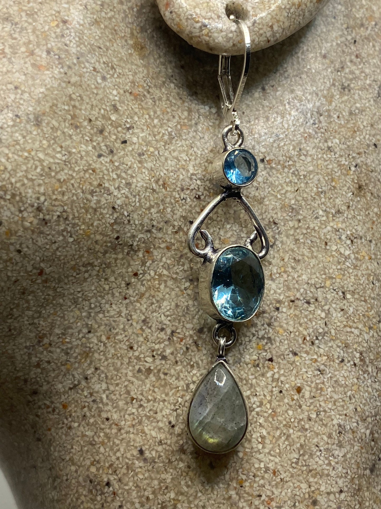 Antique Vintage Blue Labradorite Blue Topaz Silver Dangle Lever Back Earrings