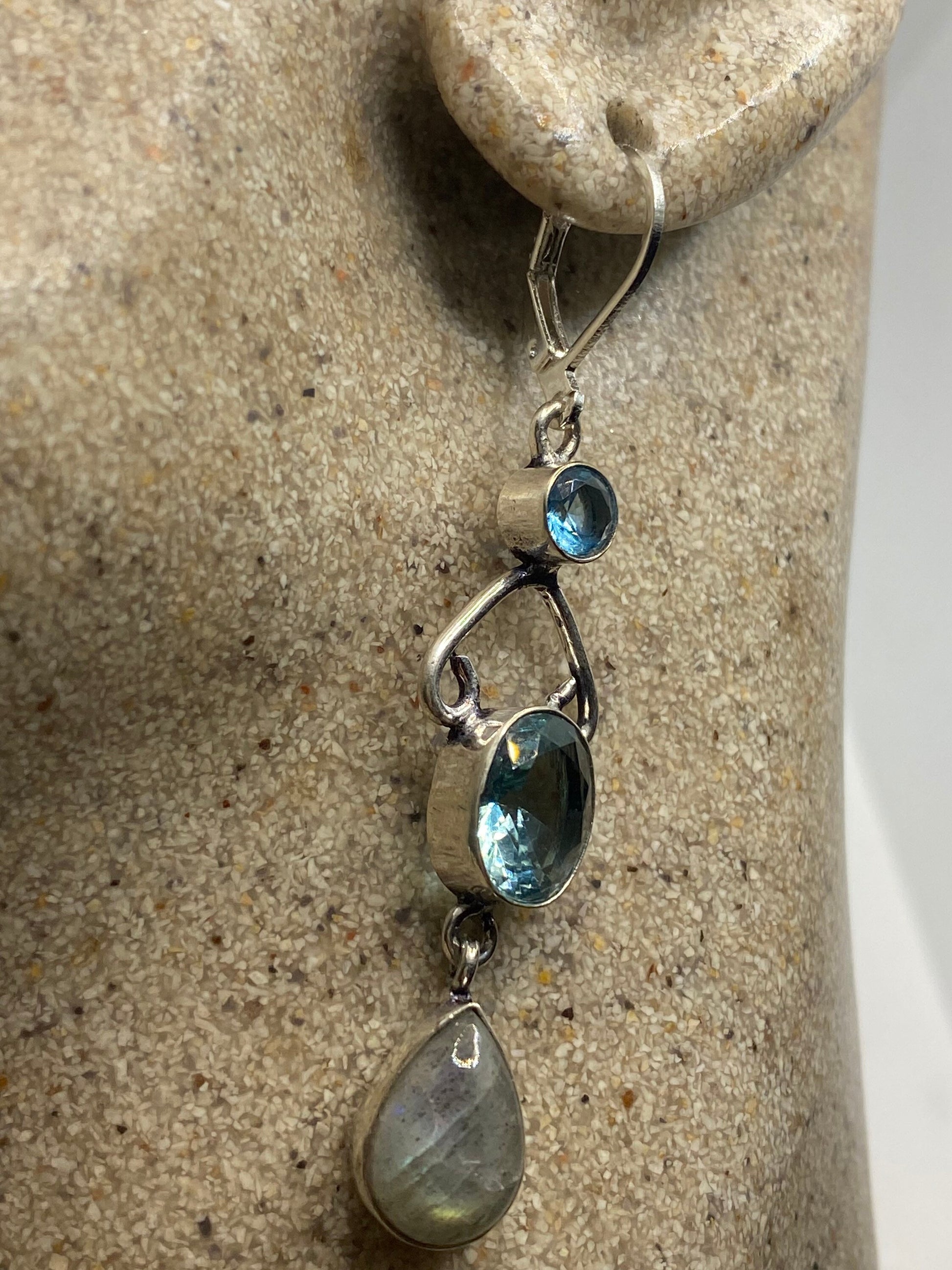 Antique Vintage Blue Labradorite Blue Topaz Silver Dangle Lever Back Earrings