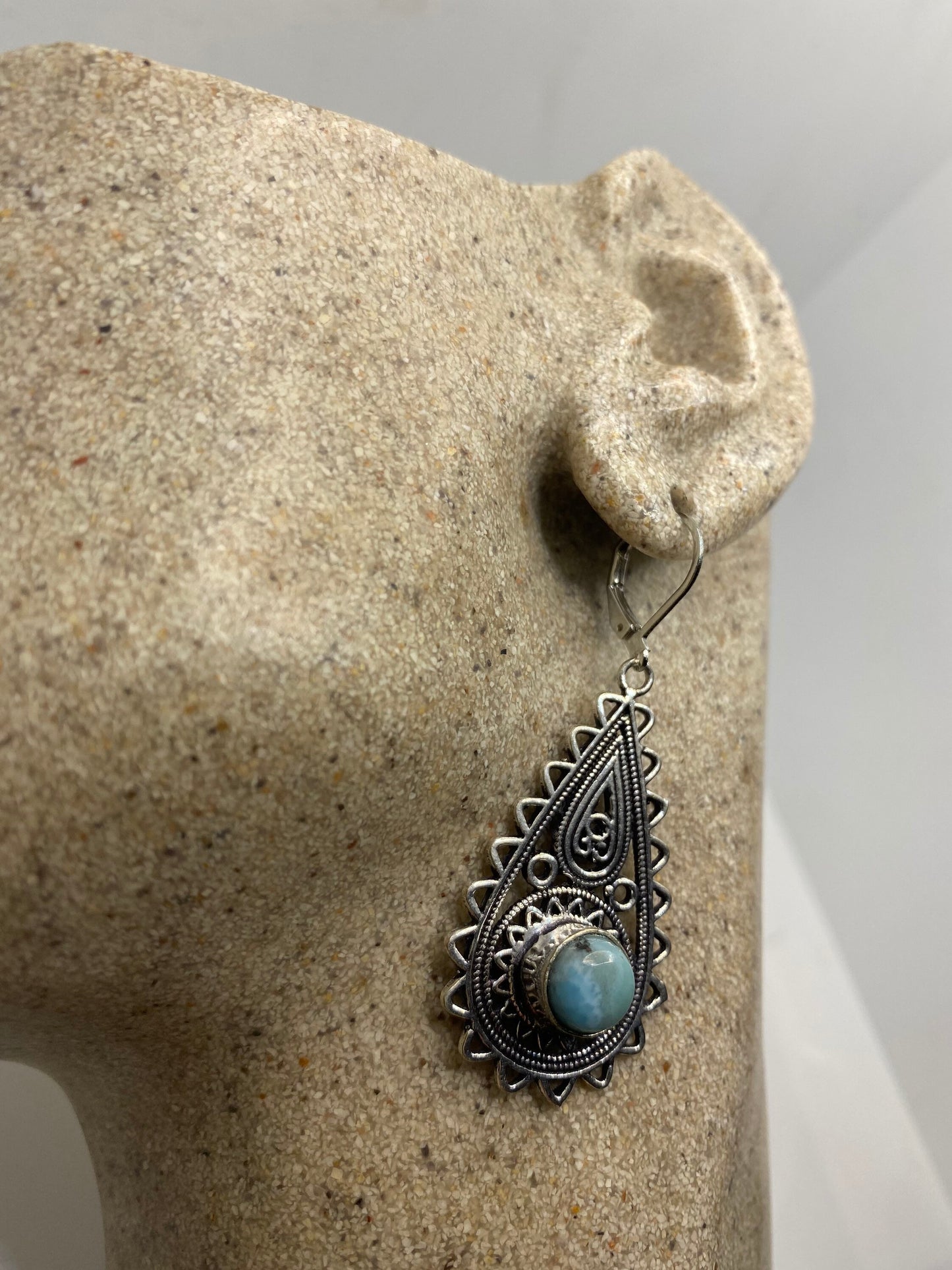 Antique Vintage Blue Larimar Silver Dangle Lever Back Earrings