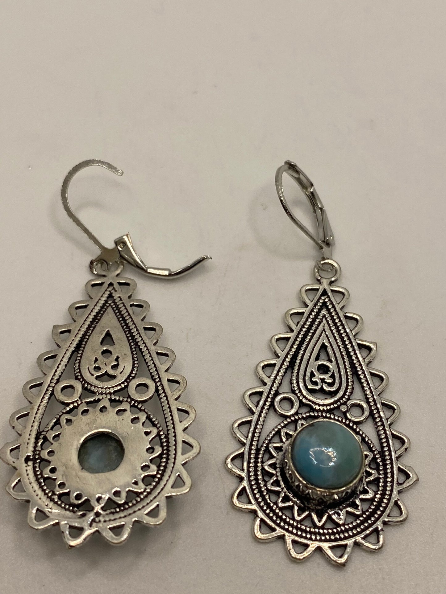 Antique Vintage Blue Larimar Silver Dangle Lever Back Earrings