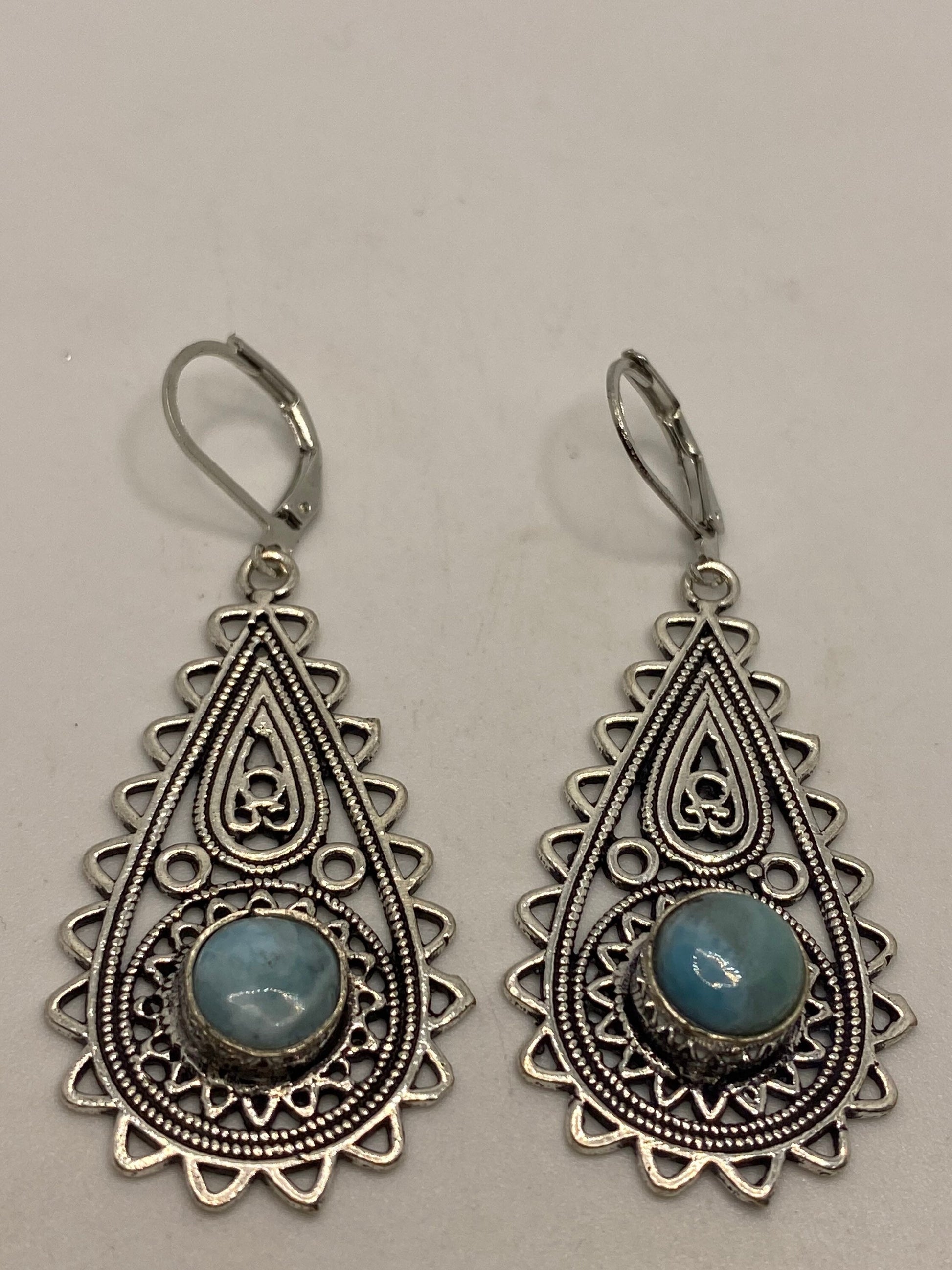 Antique Vintage Blue Larimar Silver Dangle Lever Back Earrings