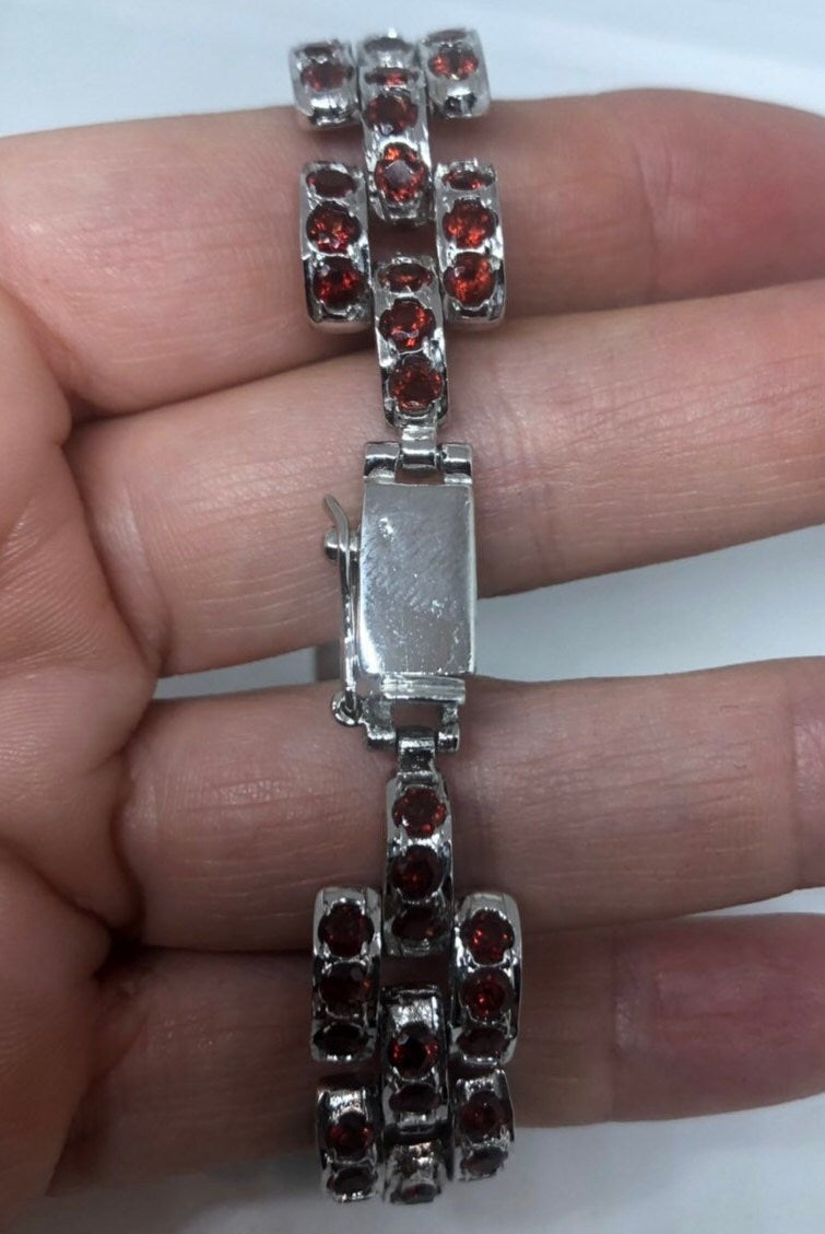 Vintage Bohemian Red Garnet Bracelet 925 Sterling Silver