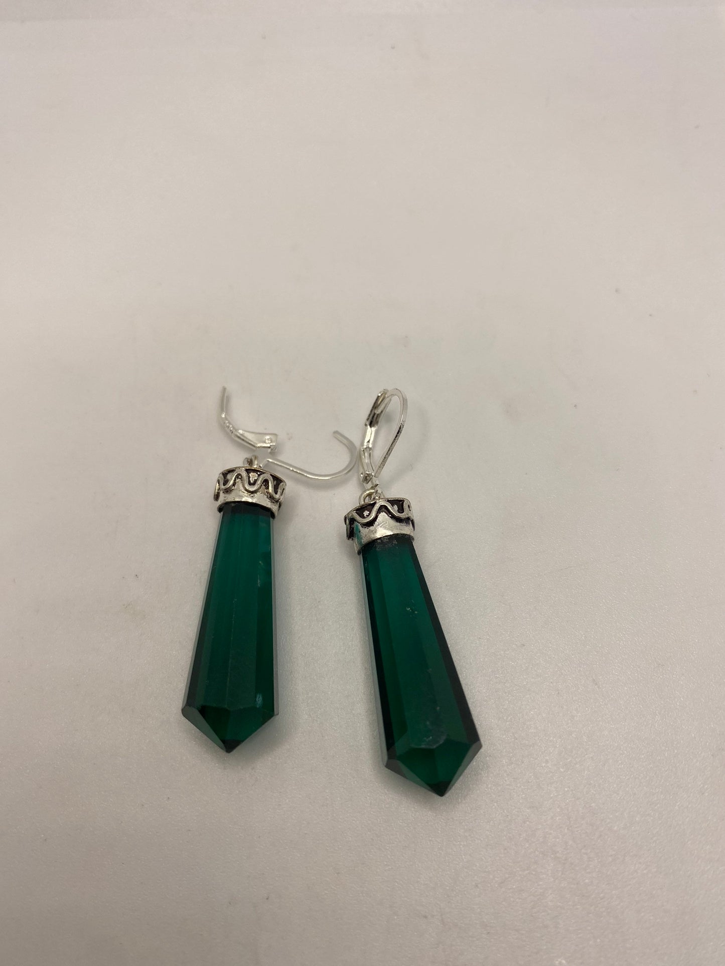 Vintage Green Crystal Glass Earrings 925 Sterling Silver Leverback