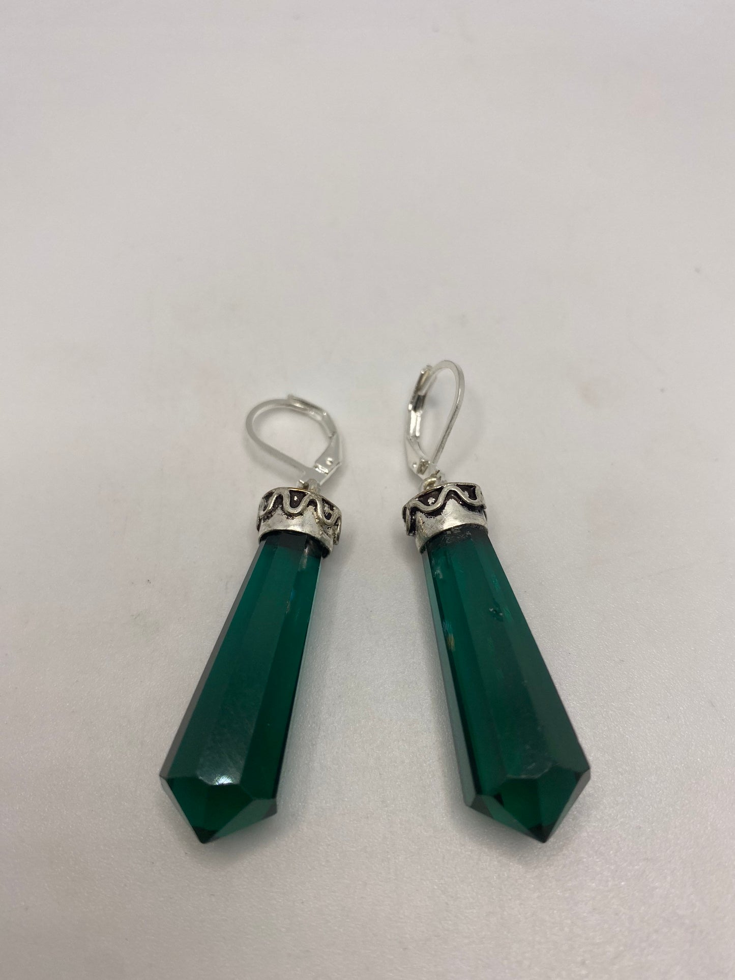 Vintage Green Crystal Glass Earrings 925 Sterling Silver Leverback