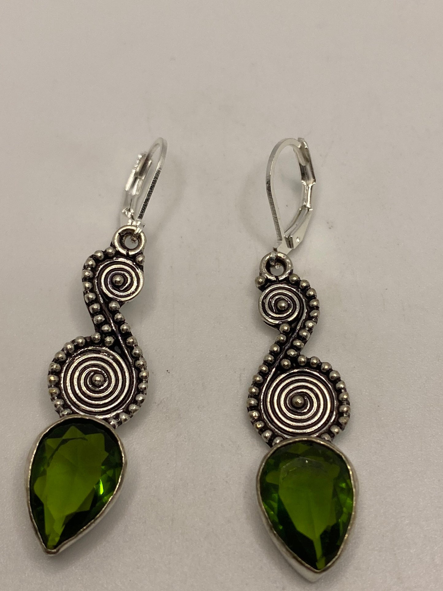 Antique Vintage Green Peridot Silver Dangle Earrings