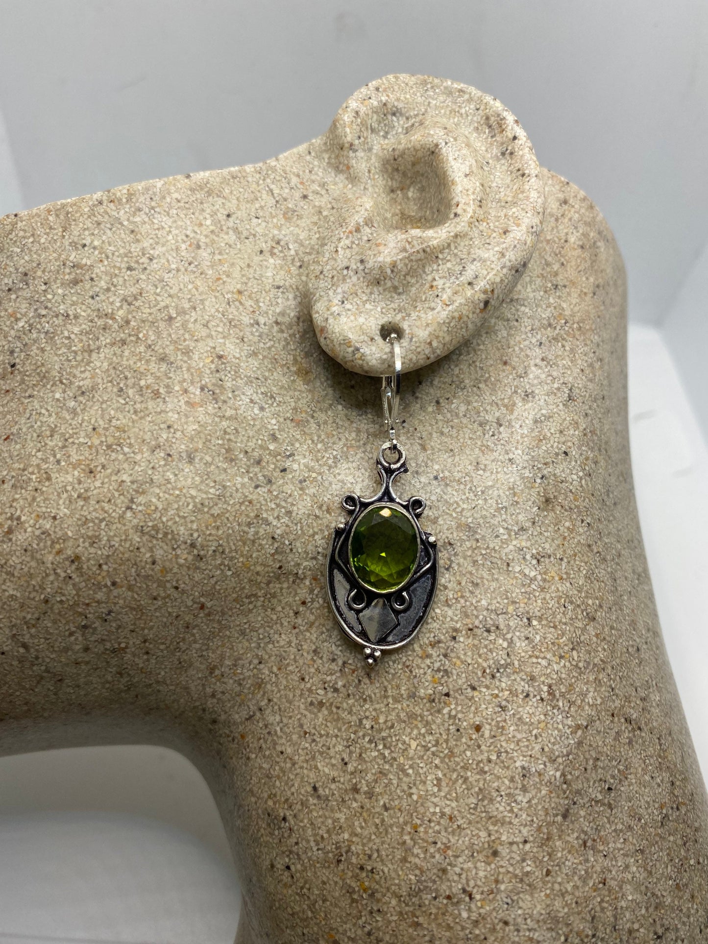 Antique Vintage Green Peridot Silver Dangle Earrings