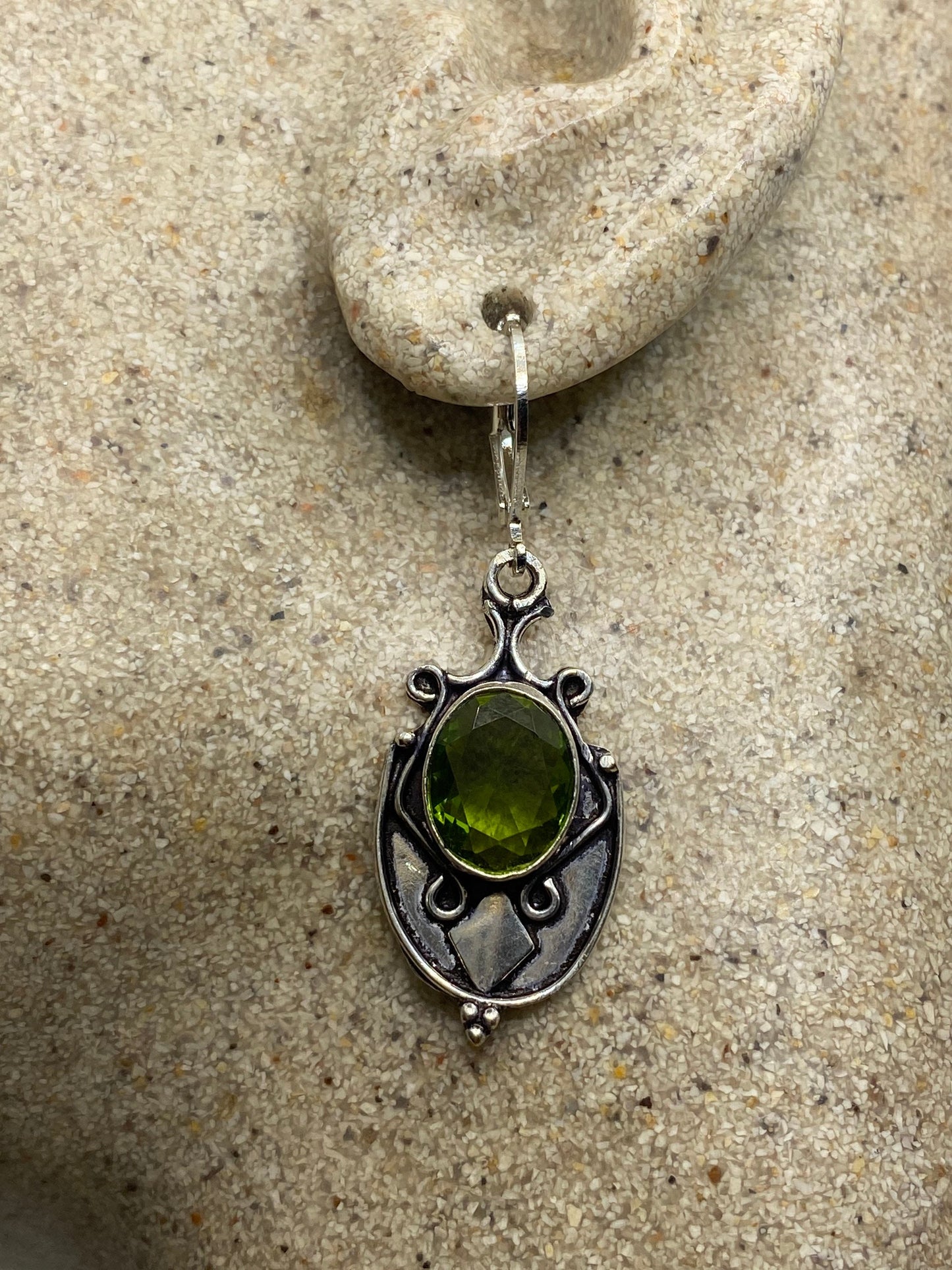 Antique Vintage Green Peridot Silver Dangle Earrings