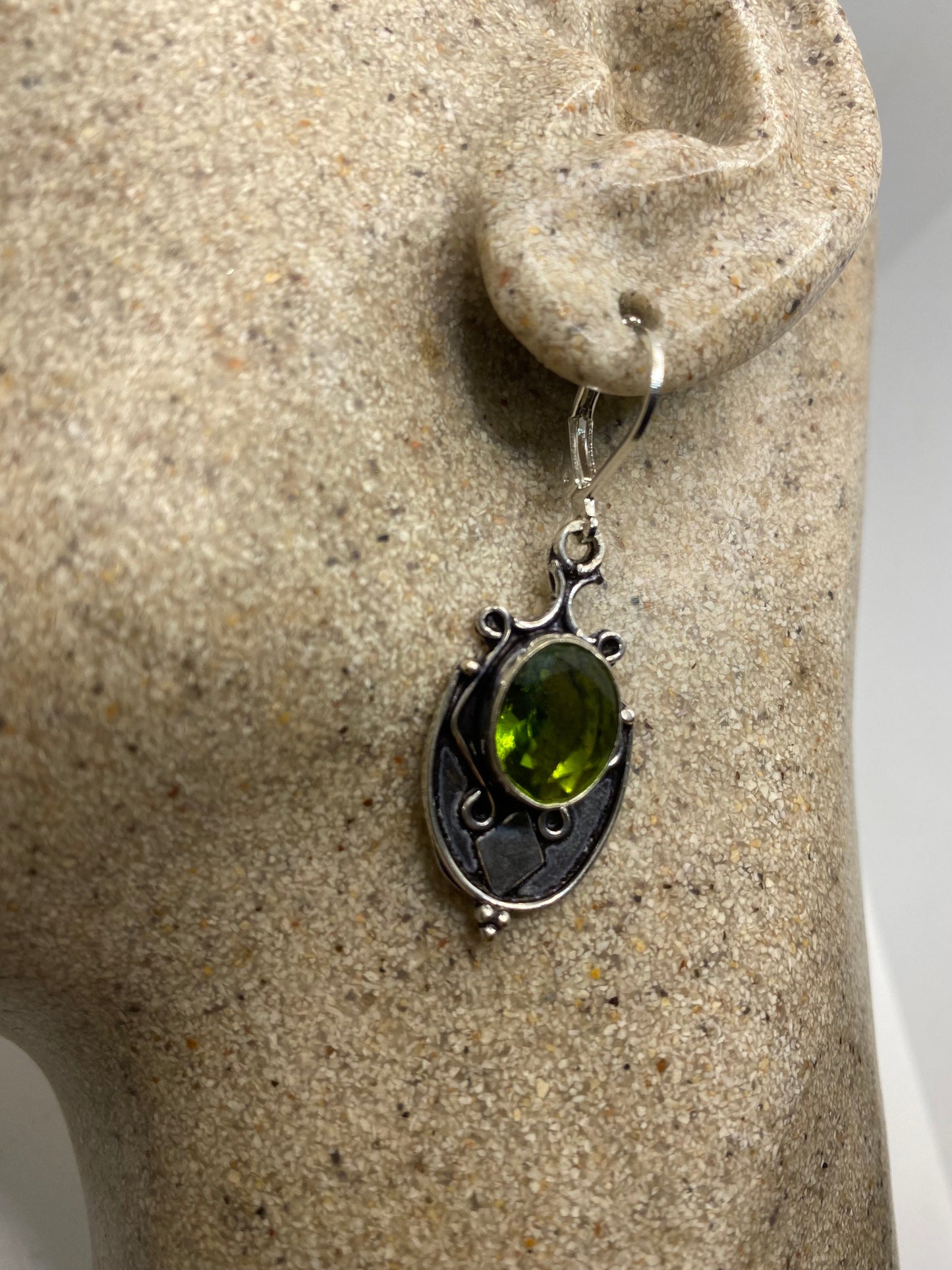 Antique Vintage Green Peridot Silver Dangle Earrings