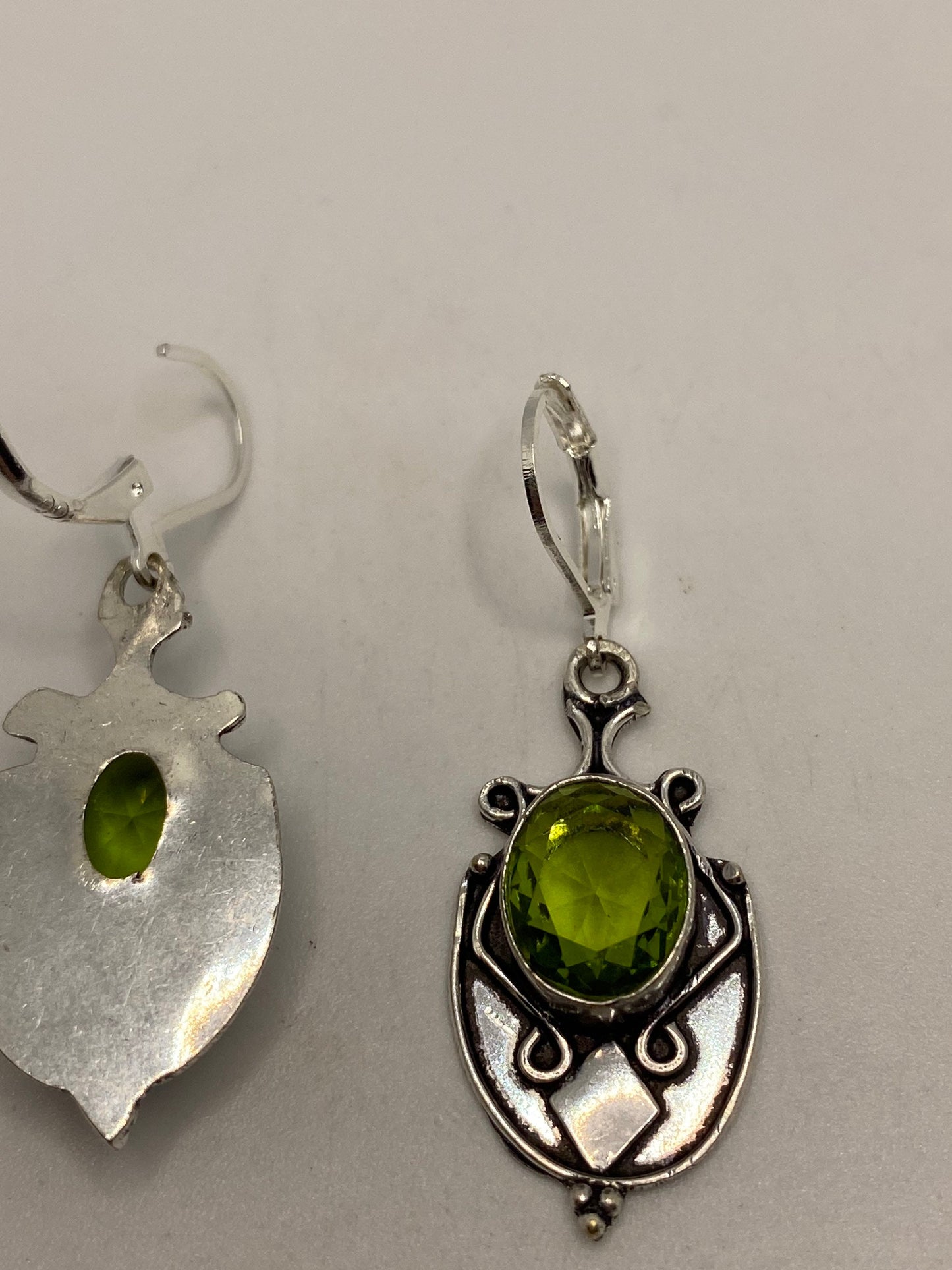 Antique Vintage Green Peridot Silver Dangle Earrings