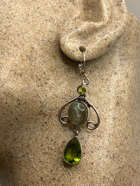 Antique Vintage Green Labradorite Peridot Silver Dangle Earrings