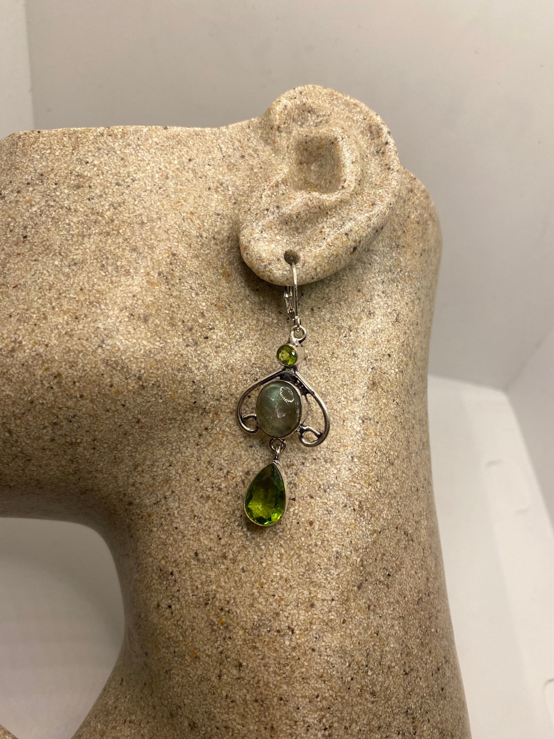 Antique Vintage Green Labradorite Peridot Silver Dangle Earrings