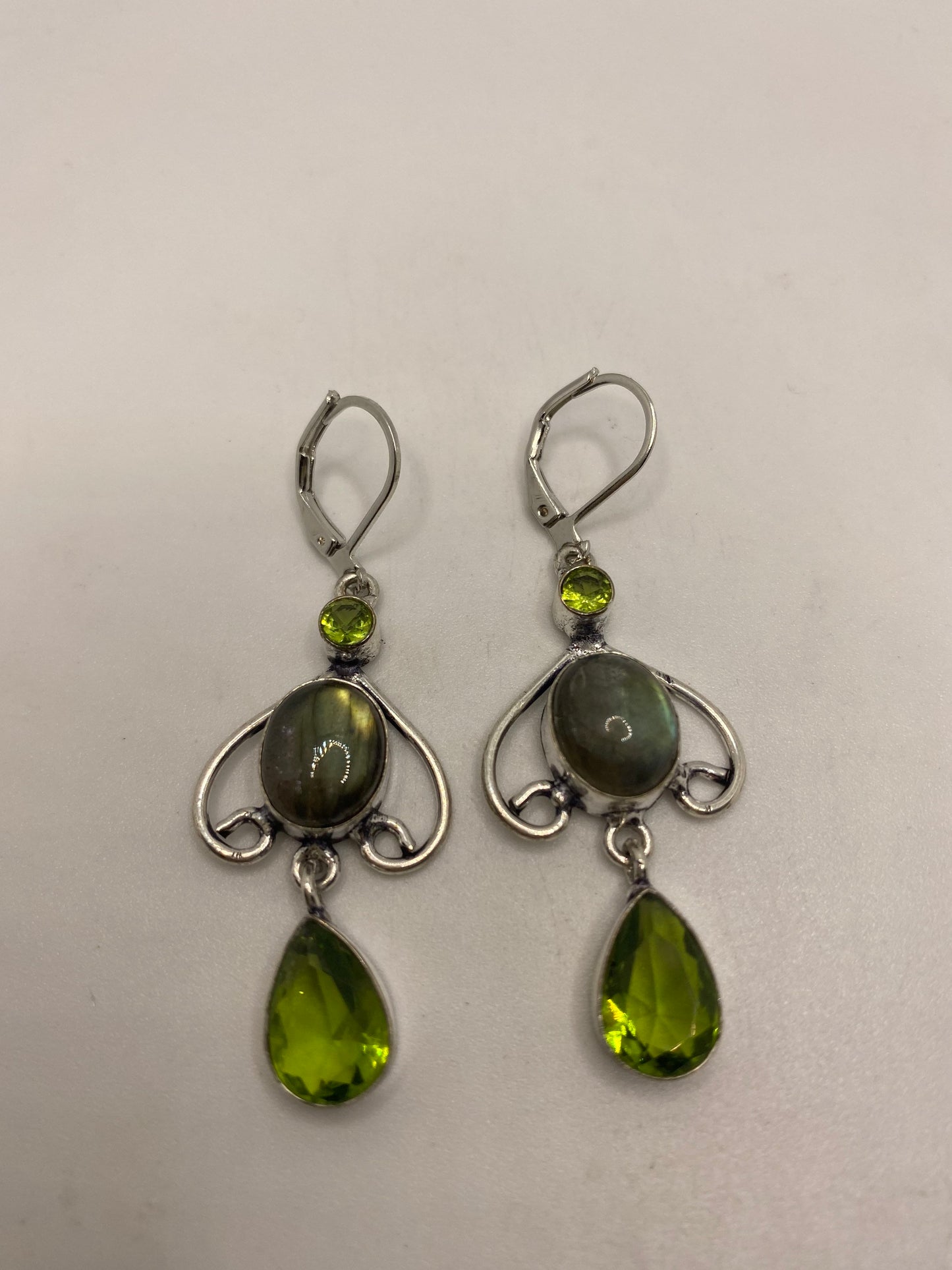 Antique Vintage Green Labradorite Peridot Silver Dangle Earrings