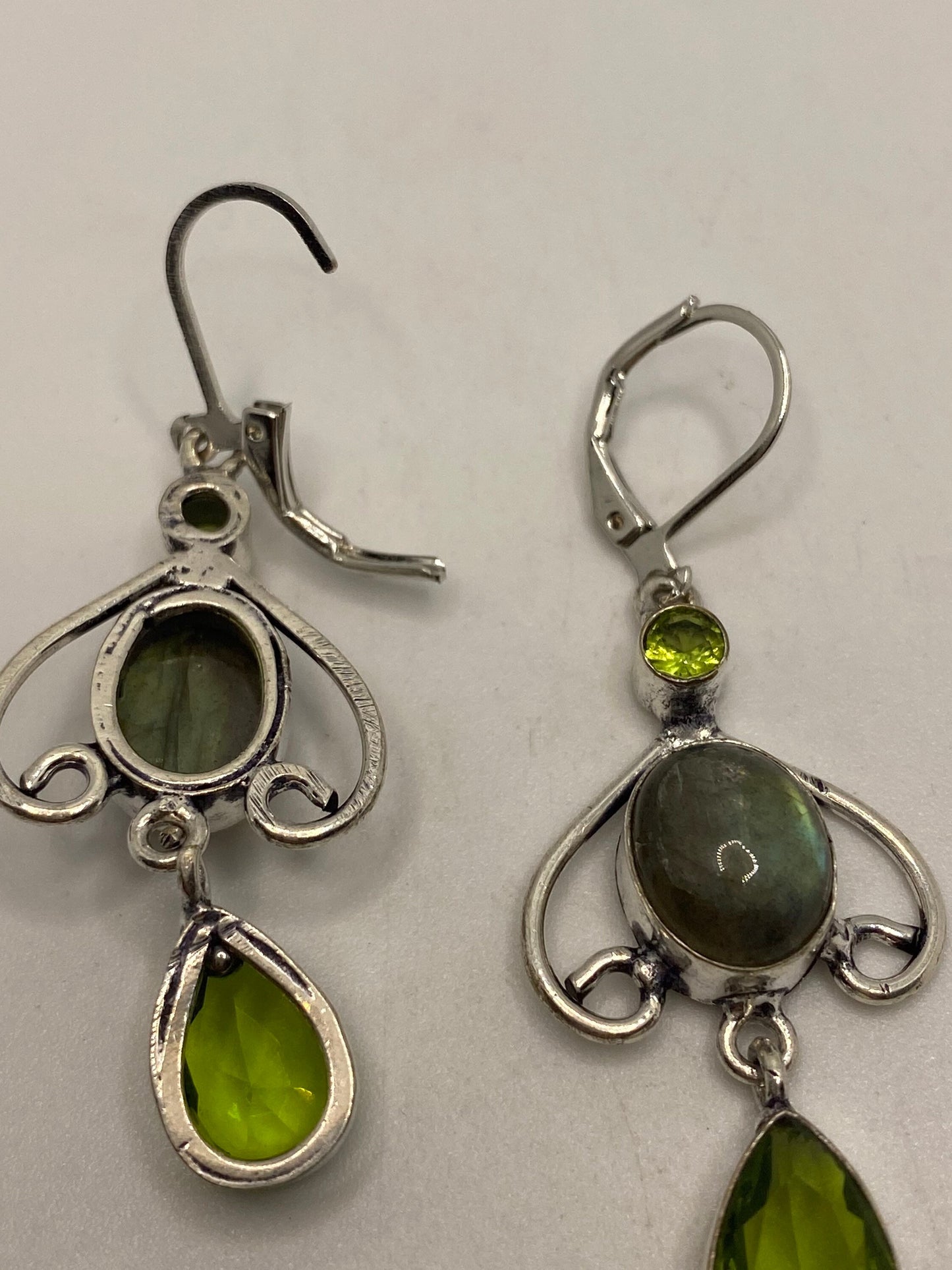 Antique Vintage Green Labradorite Peridot Silver Dangle Earrings