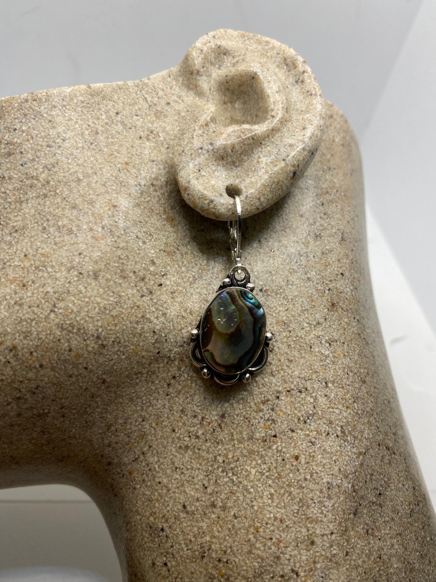 Antique Vintage Green Abalone Silver Dangle Earrings