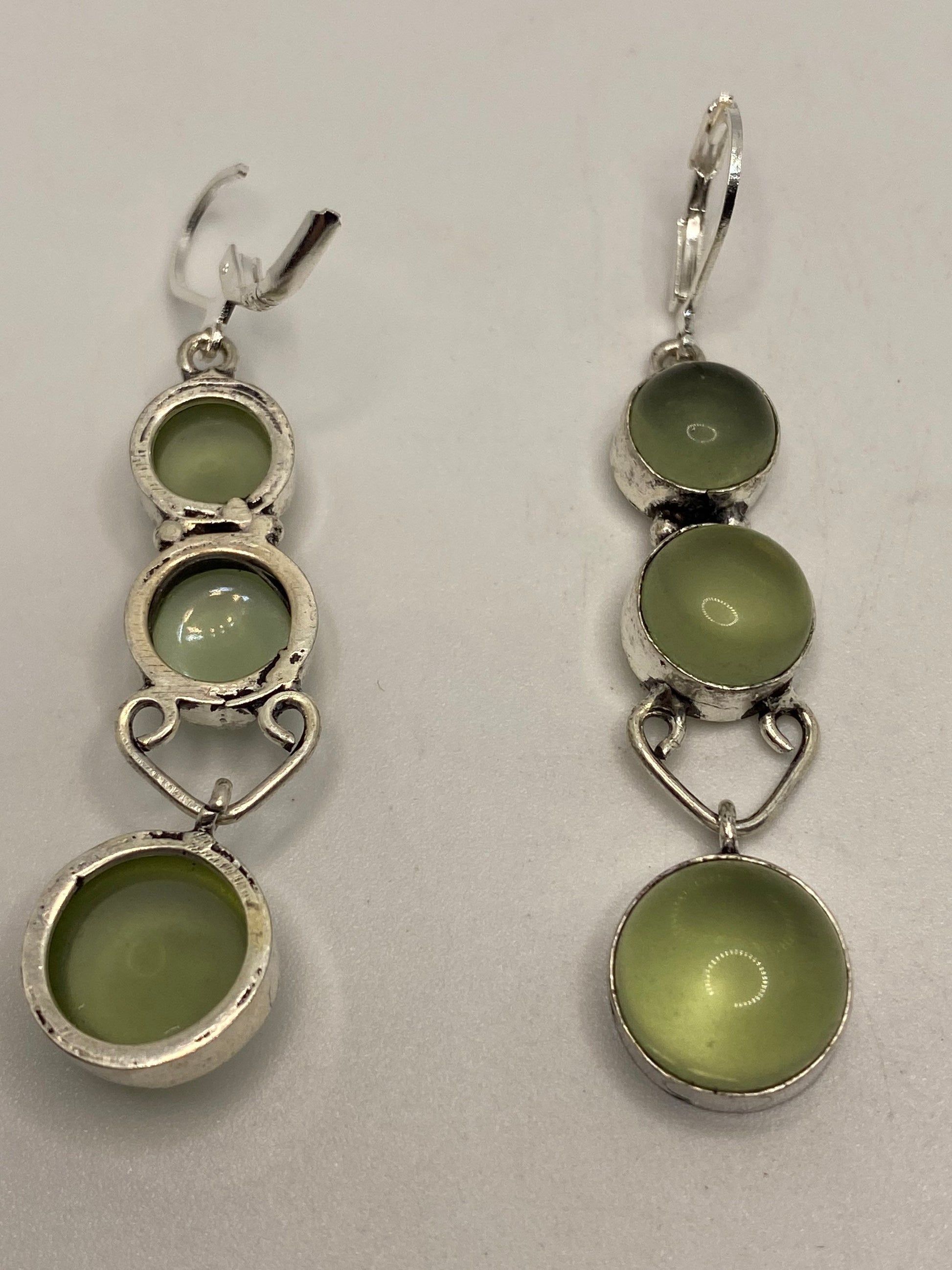 Green Fluorite Silver Deco Dangle Earrings Antique Vintage