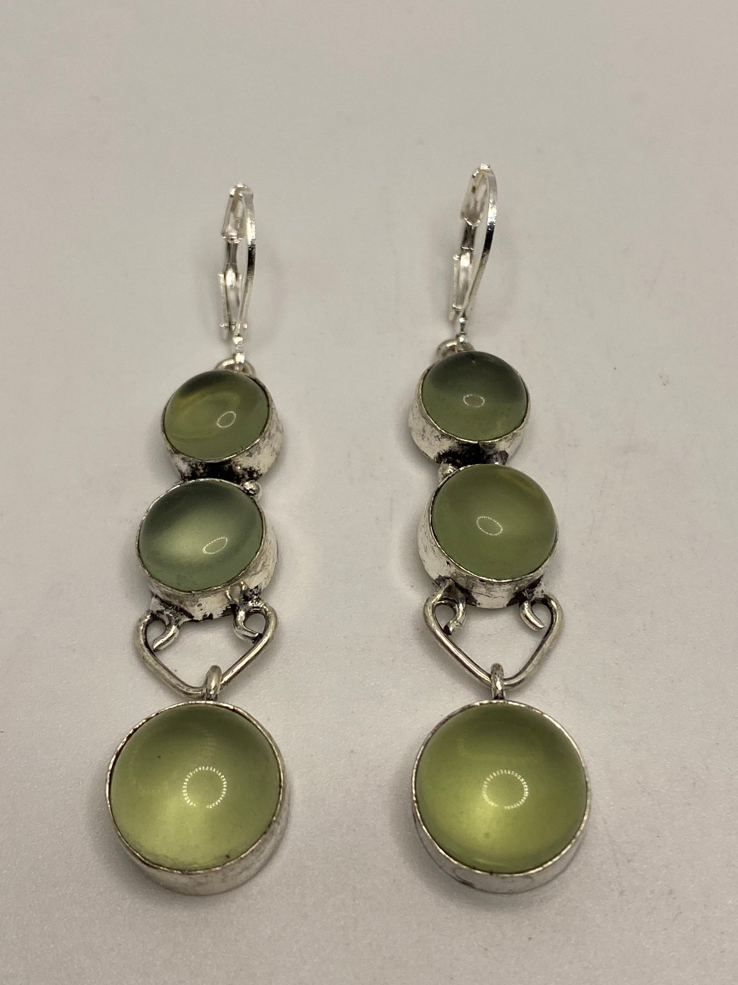 Green Fluorite Silver Deco Dangle Earrings Antique Vintage