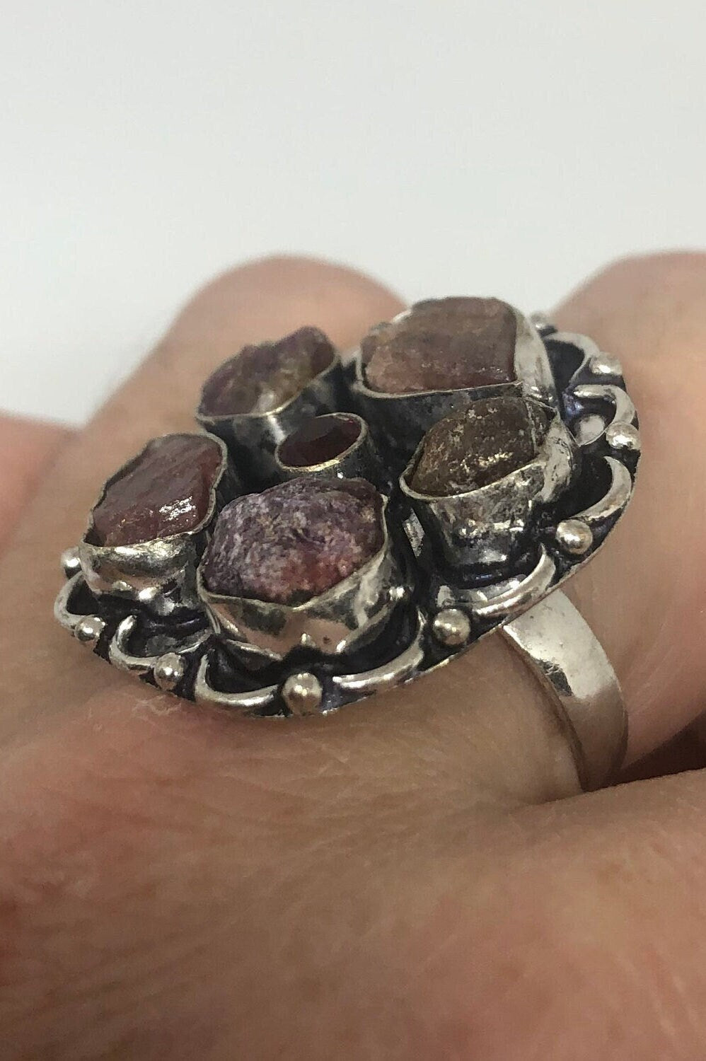 Vintage Genuine Raw Tourmaline Gothic Flower Ring