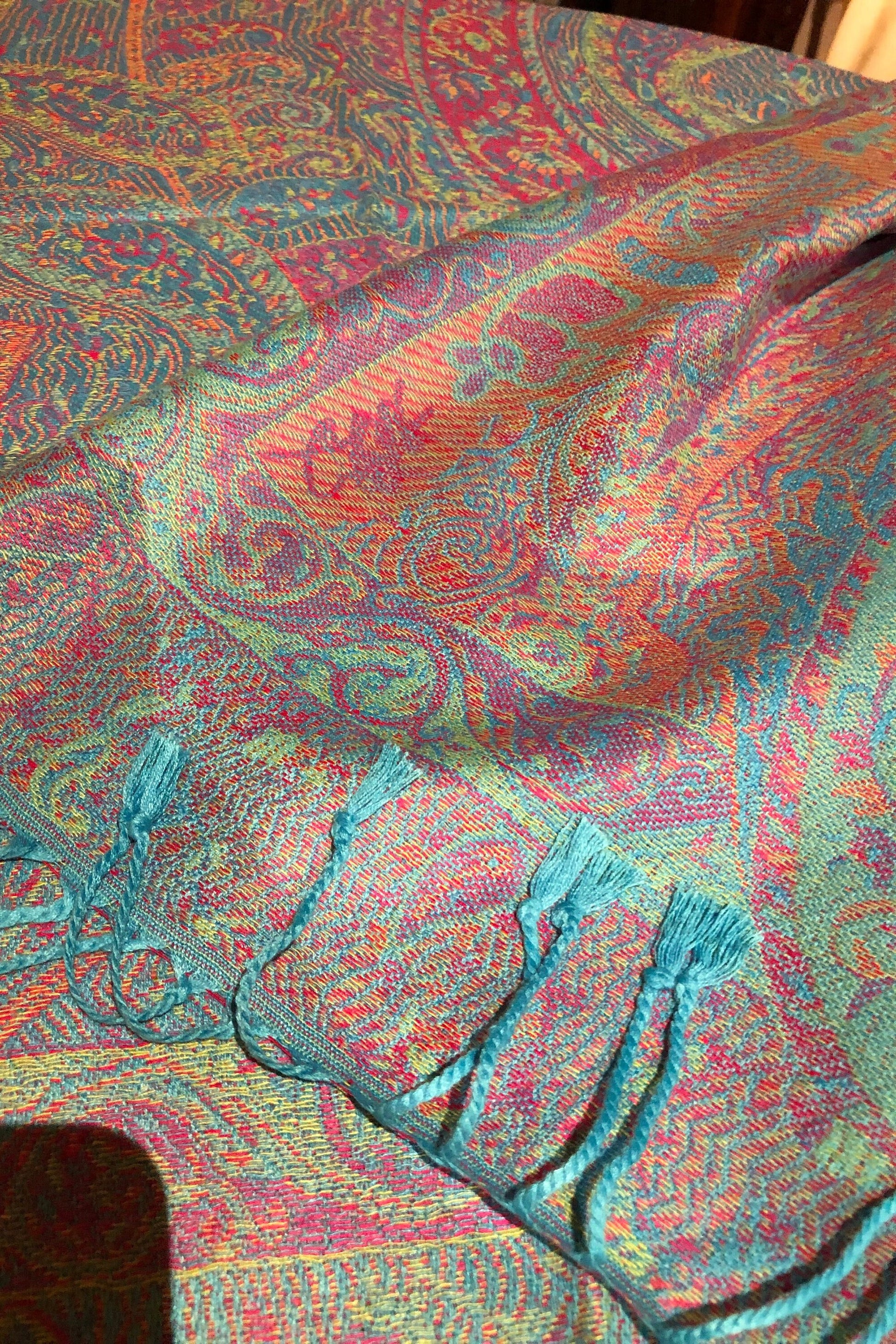 Turquoise Blue Vintage Paisley Brocade Pashmina Scarf Wrap Shawl