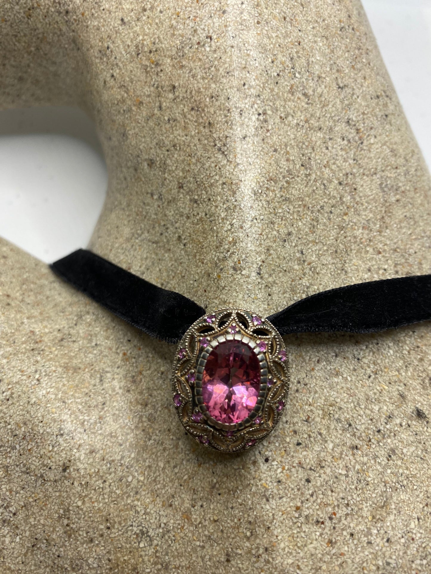 Vintage Pink Topaz and Tourmaline Choker 925 Sterling Silver Antique Pendant Necklace