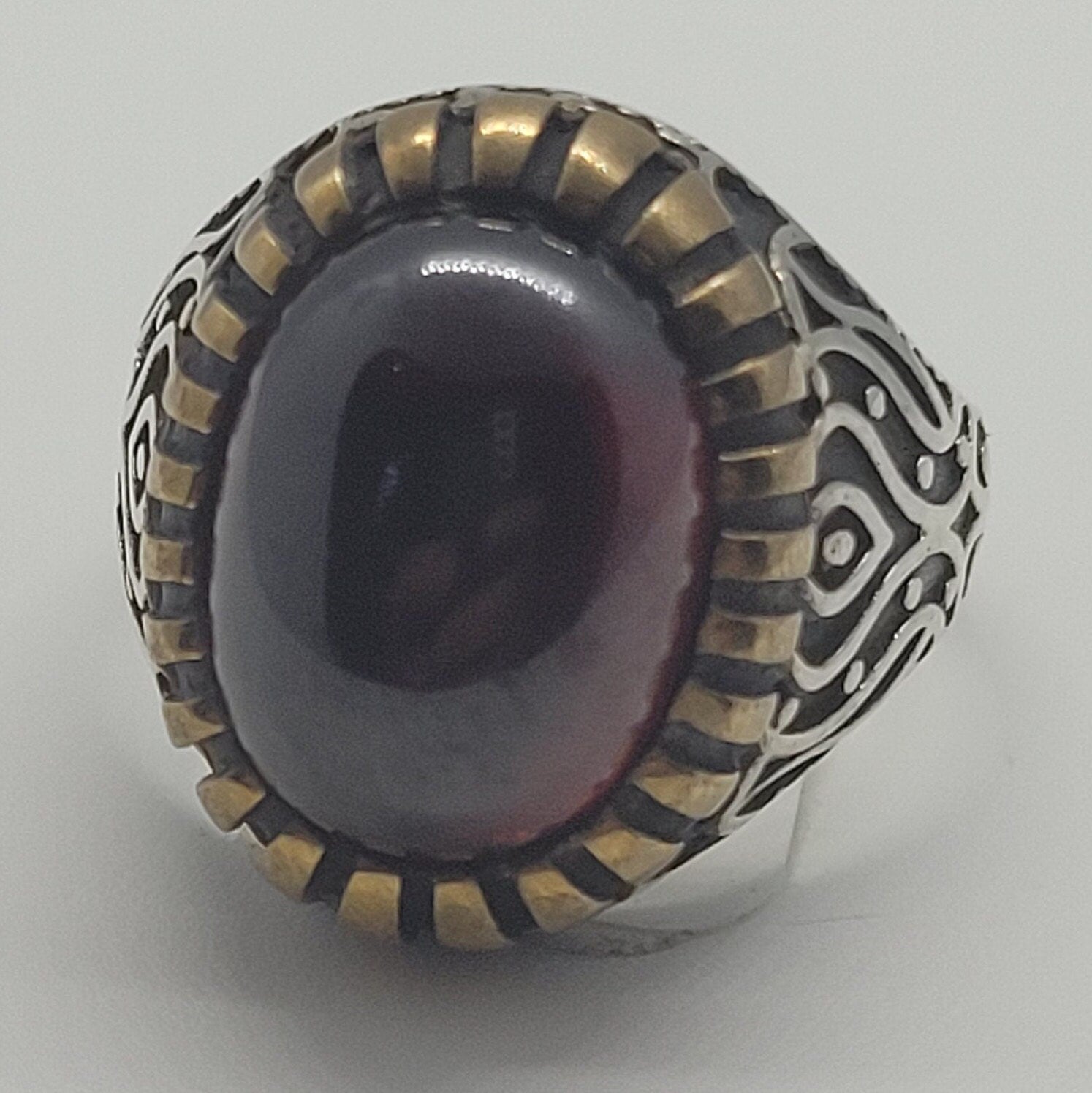 Vintage Ruby Glass Mens Ring in 925 Sterling Silver Accented with 14k Gold Persian Styled with Ruby Glass