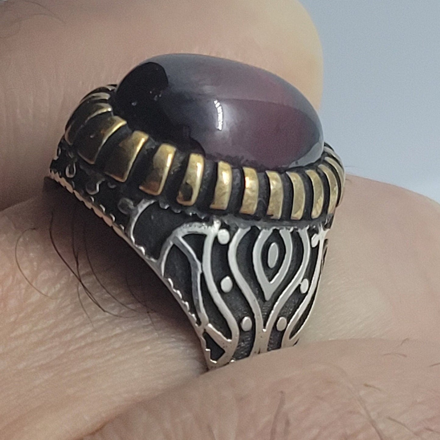 Vintage Ruby Glass Mens Ring in 925 Sterling Silver Accented with 14k Gold Persian Styled with Ruby Glass
