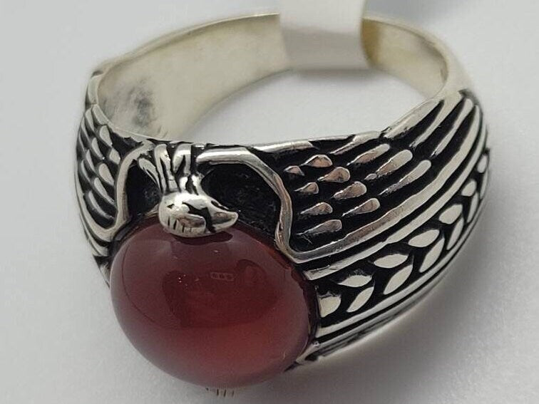Vintage Carnelian Mens Ring in 925 Sterling Silver Persian Styled Genuine Carnelian in Eagle Setting