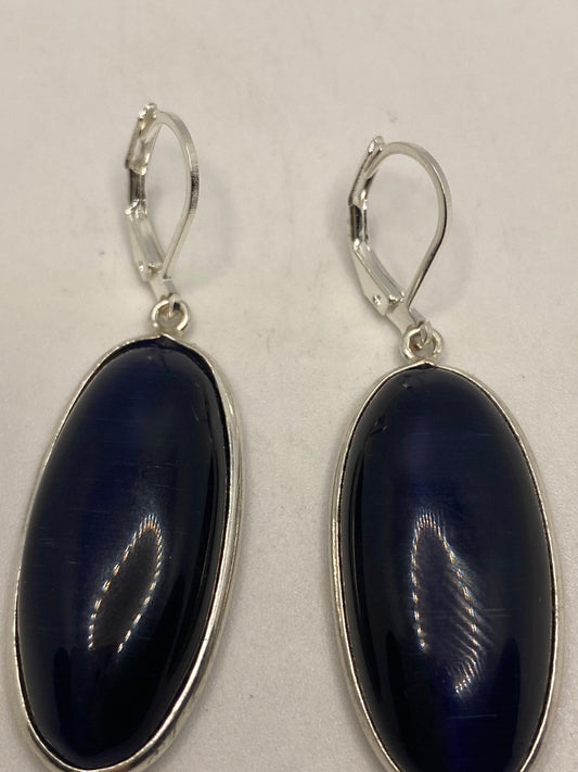 Vintage Sterling Silver Blue Cats Eye (Synthetic) Earrings