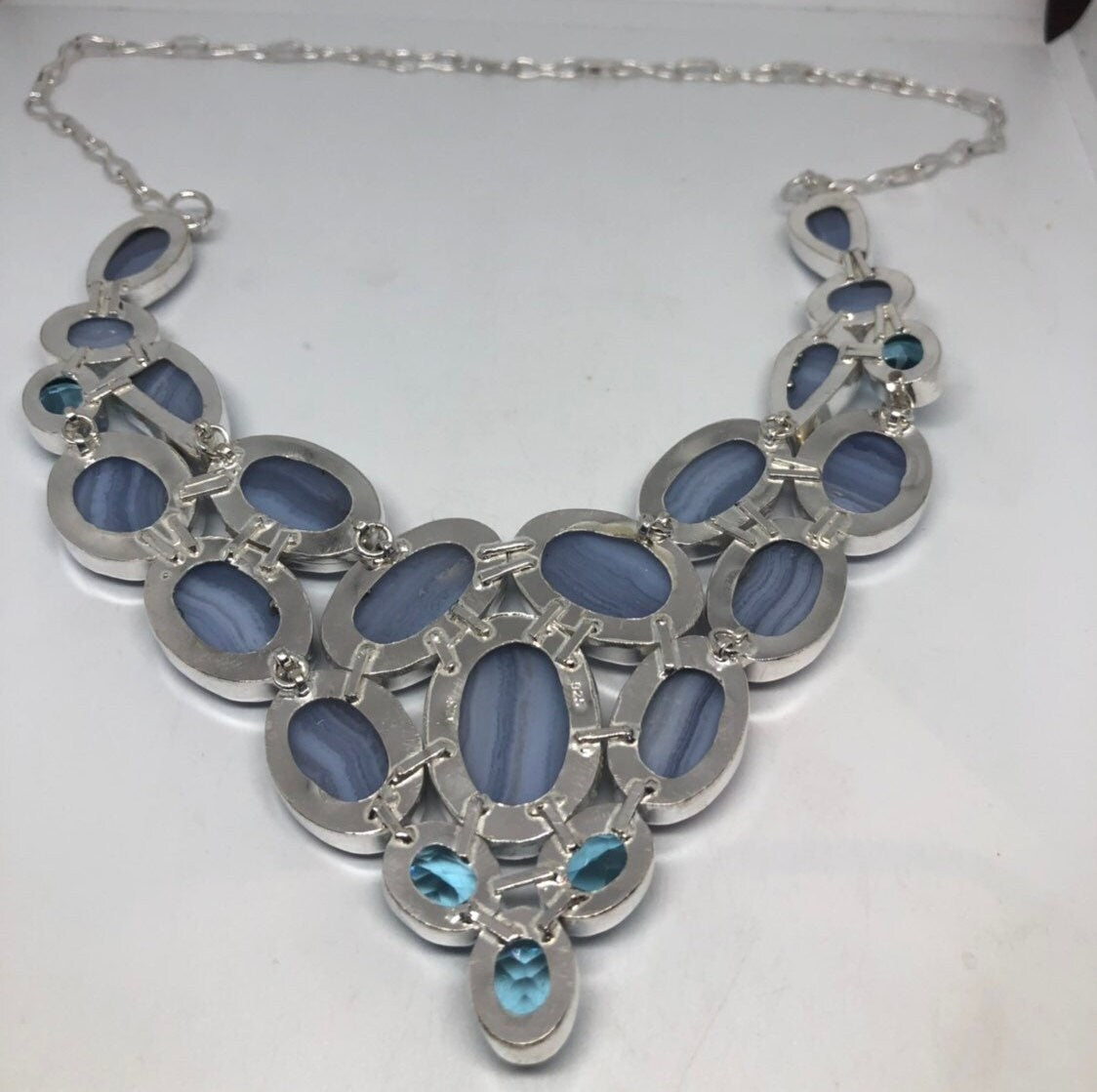 Silver Finished Genuine Facetted Antique Glass and Blue Lace Agate Choker Necklace