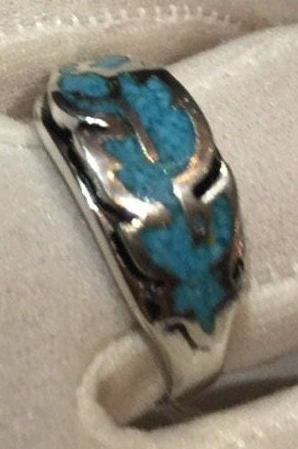 Vintage Native American Style Turquoise Stone Inlay Hawk Feather Ring