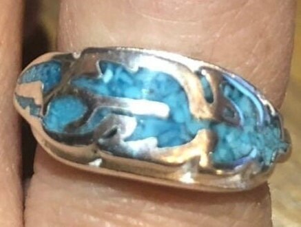 Vintage Native American Style Turquoise Stone Inlay Hawk Feather Ring