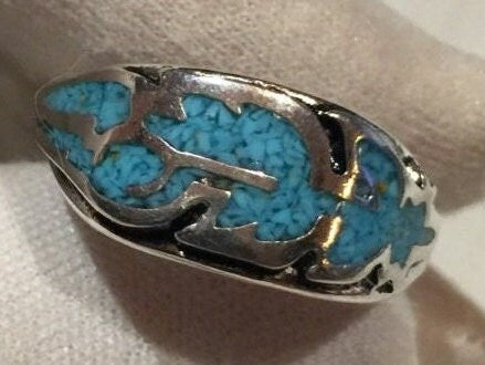 Vintage Native American Style Turquoise Stone Inlay Hawk Feather Ring