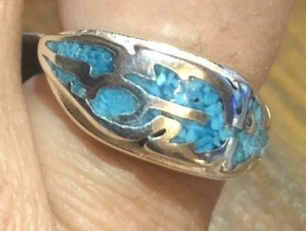 Vintage Native American Style Turquoise Stone Inlay Hawk Feather Ring