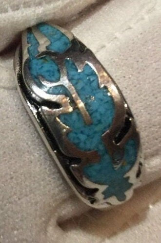 Vintage Native American Style Turquoise Stone Inlay Hawk Feather Ring