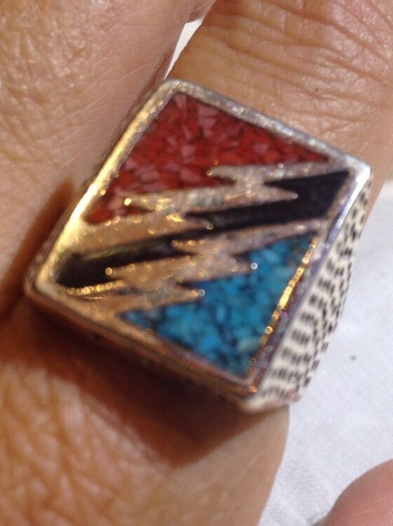 Vintage Southwestern Turquoise Lighting Bolt Mens Ring
