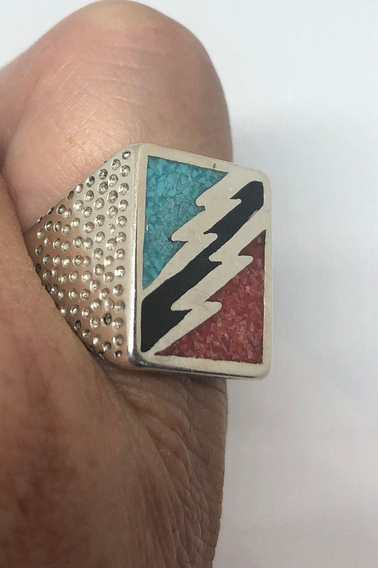 Vintage Southwestern Turquoise Lighting Bolt Mens Ring