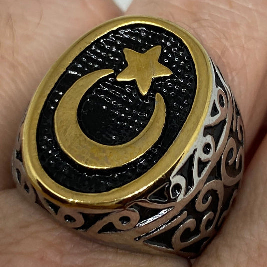 Vintage Gothic Golden Silver Stainless Steel Muslim Star Crescent Mens Ring