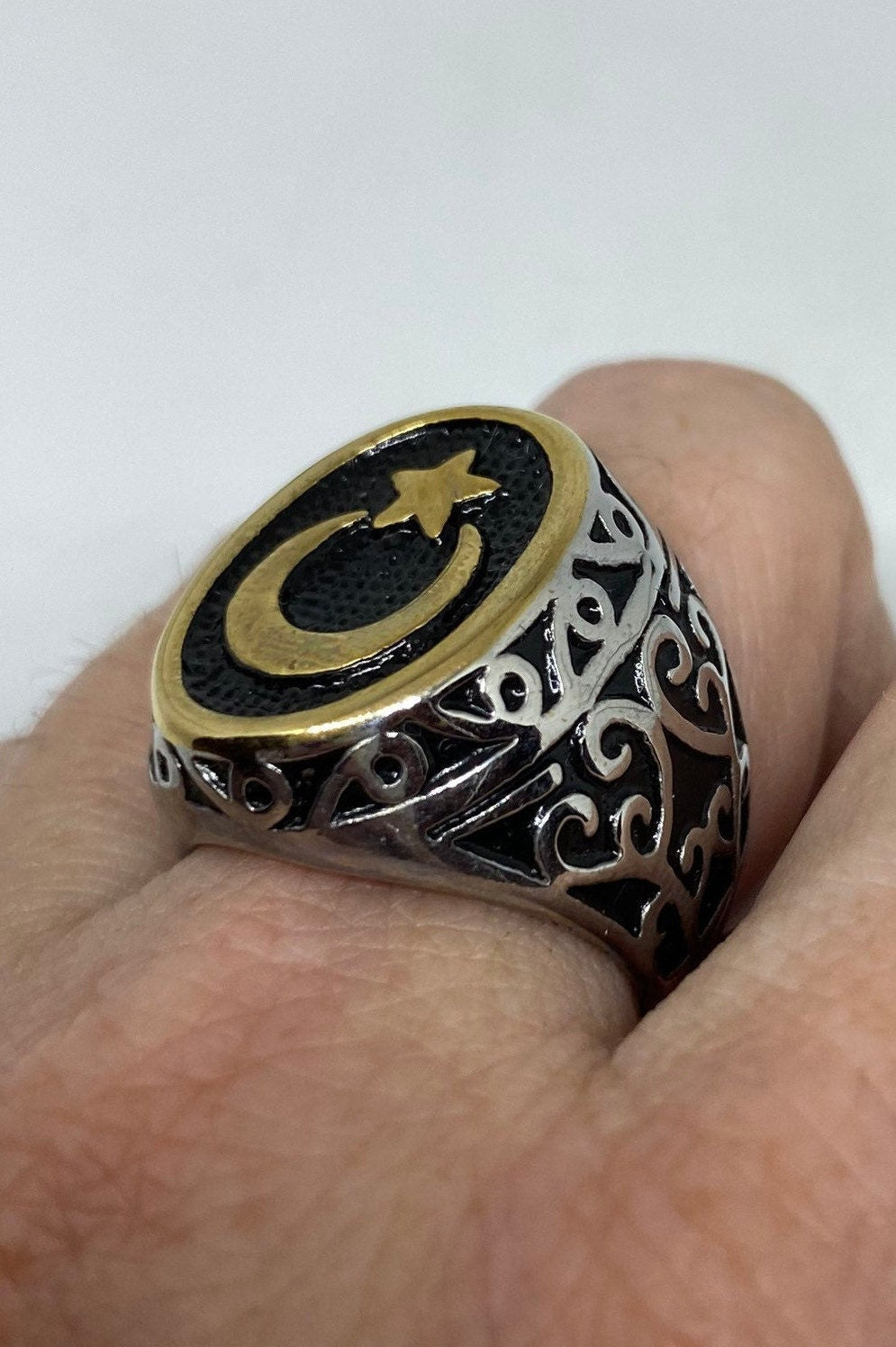 Vintage Gothic Golden Silver Stainless Steel Muslim Star Crescent Mens Ring