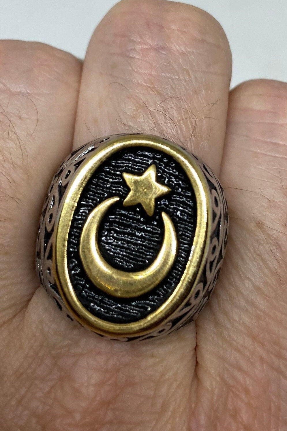 Vintage Gothic Golden Silver Stainless Steel Muslim Star Crescent Mens Ring