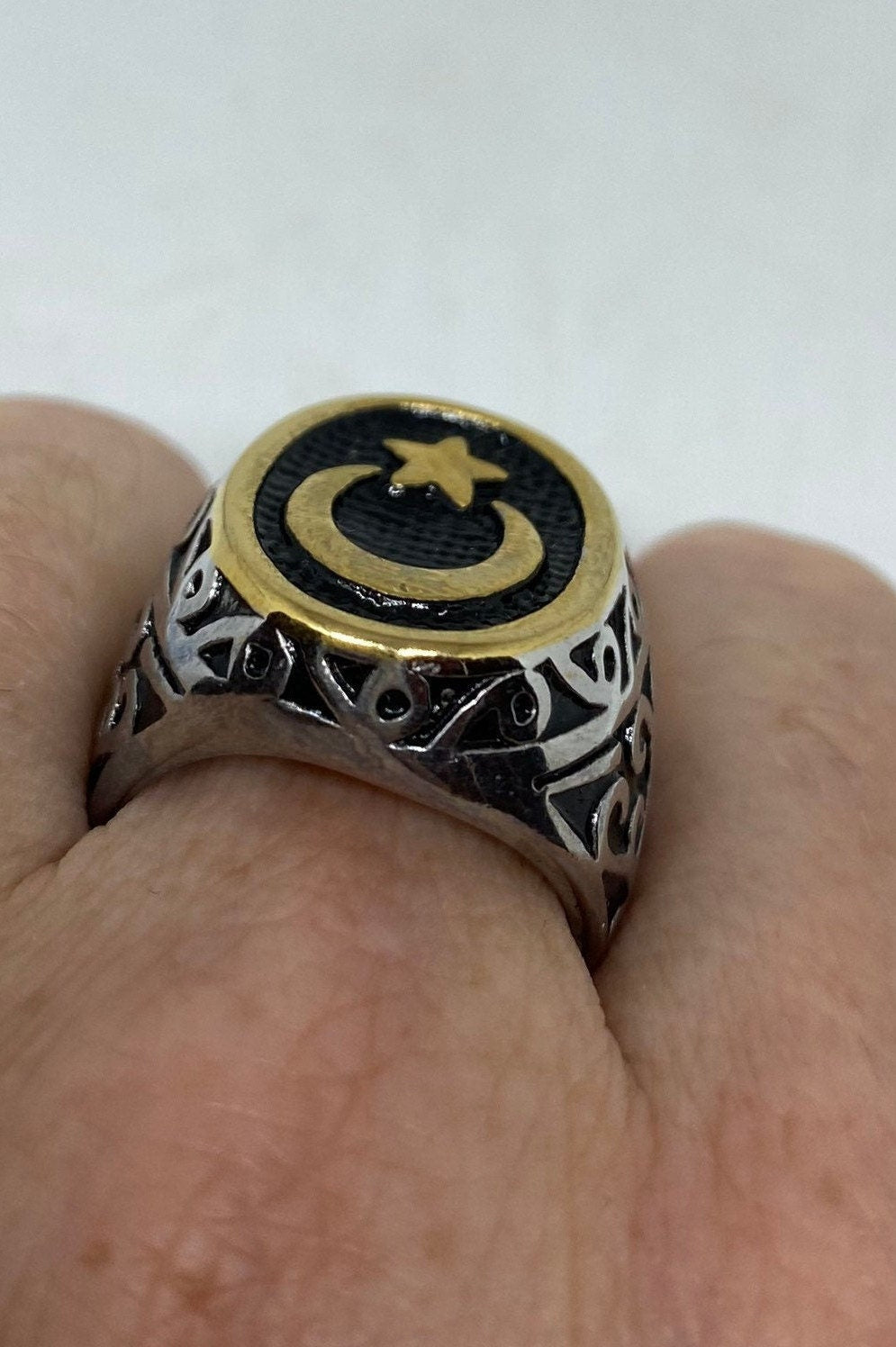 Vintage Gothic Golden Silver Stainless Steel Muslim Star Crescent Mens Ring