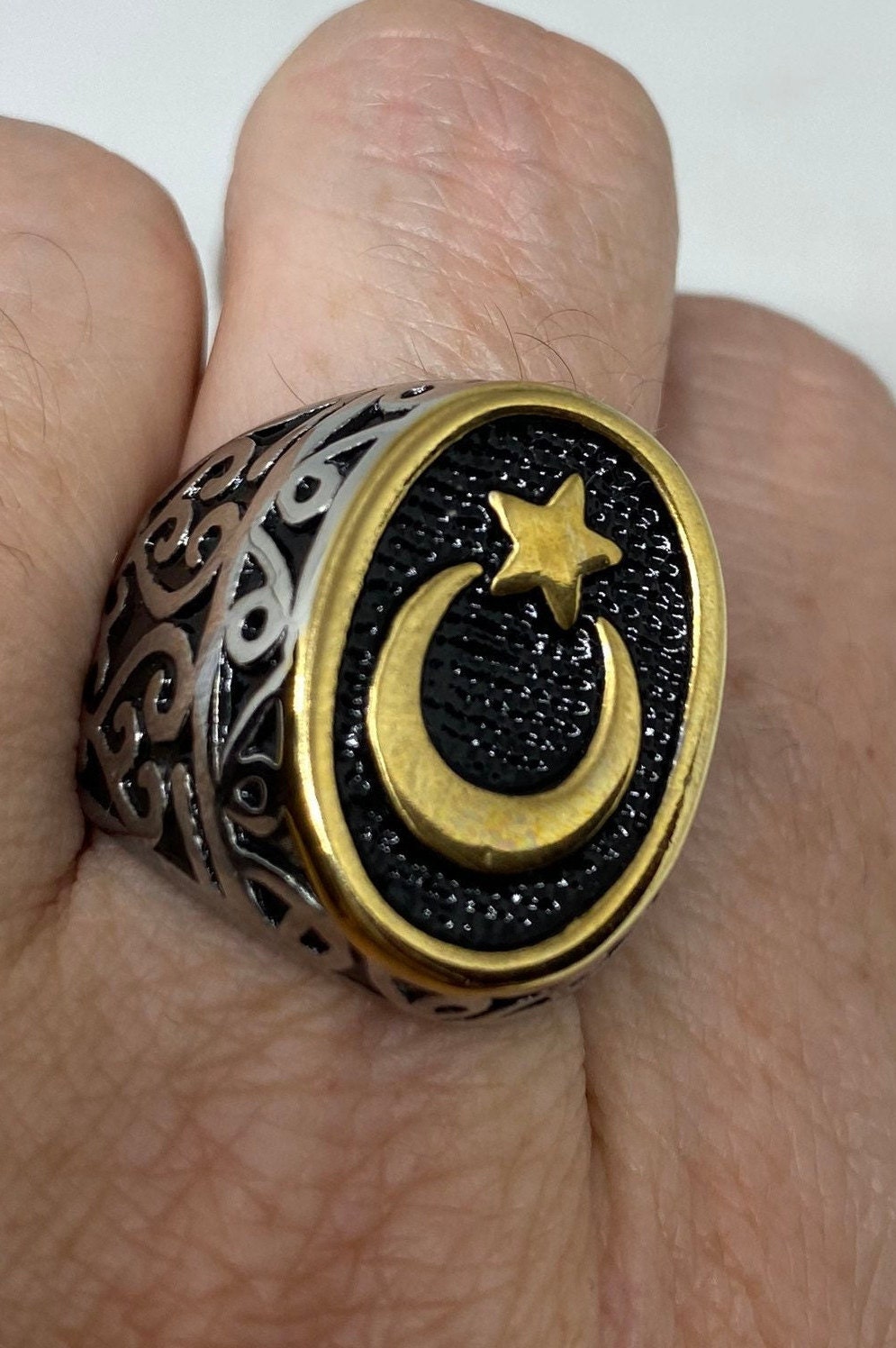 Vintage Gothic Golden Silver Stainless Steel Muslim Star Crescent Mens Ring